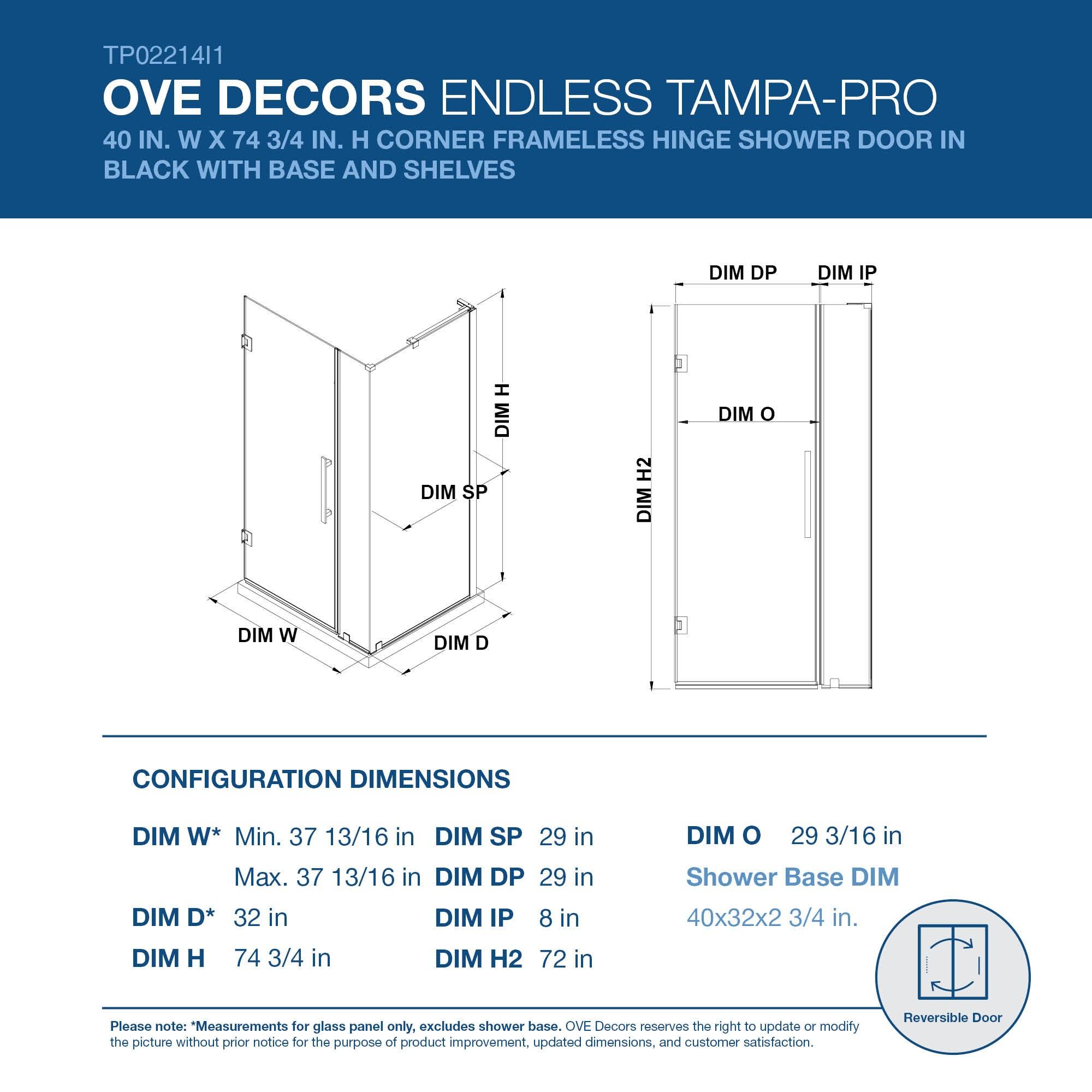 Ove Decors Endless Tampa 47" W x 72" H Alcove Frameless Shower Kit, Door, 2 Panel, Base, Shelves TA1330421