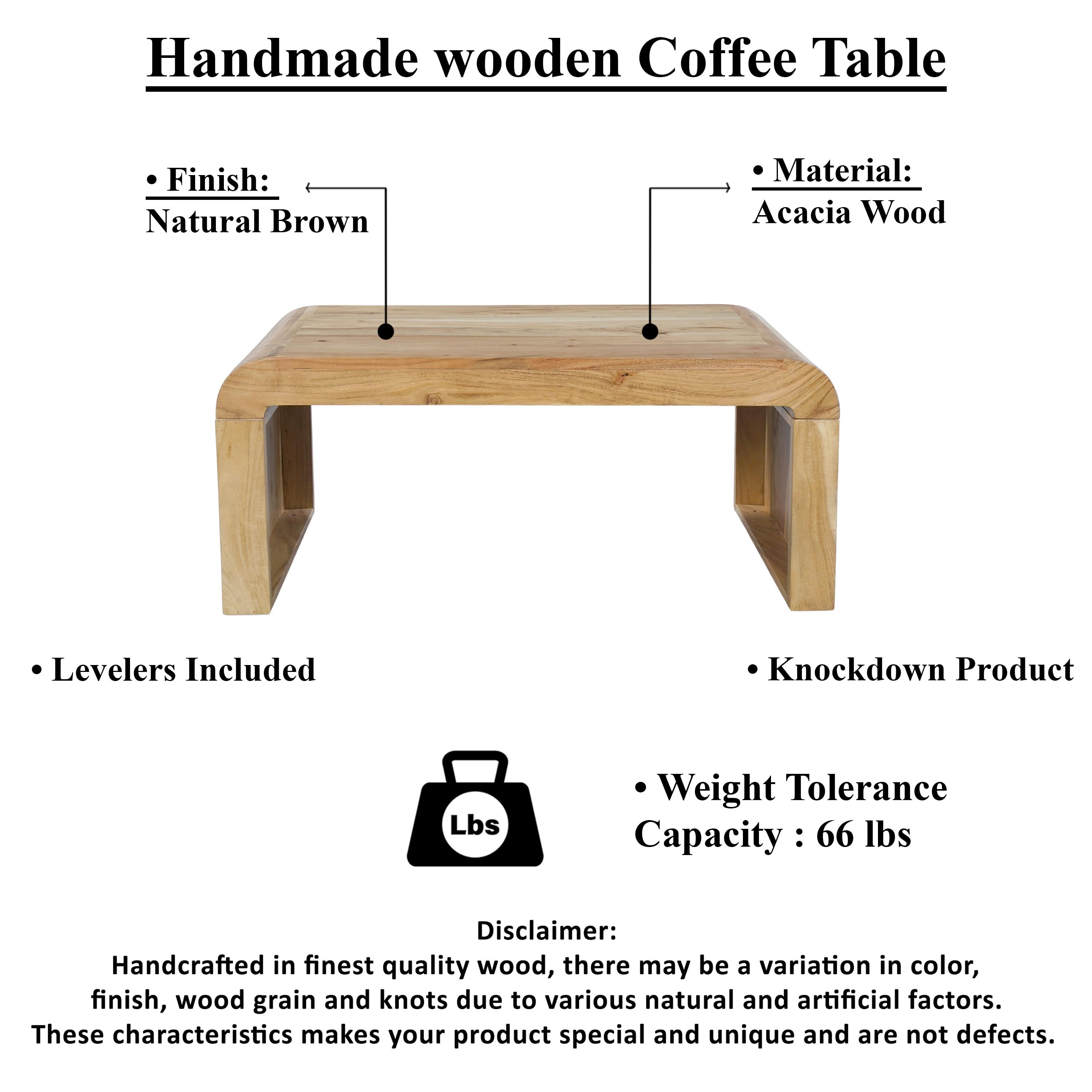 The Urban Port UPT-314336 36 in. Cascade Natural Acacia Wood Rectangular Curved Waterfall Top Coffee Table, Brown