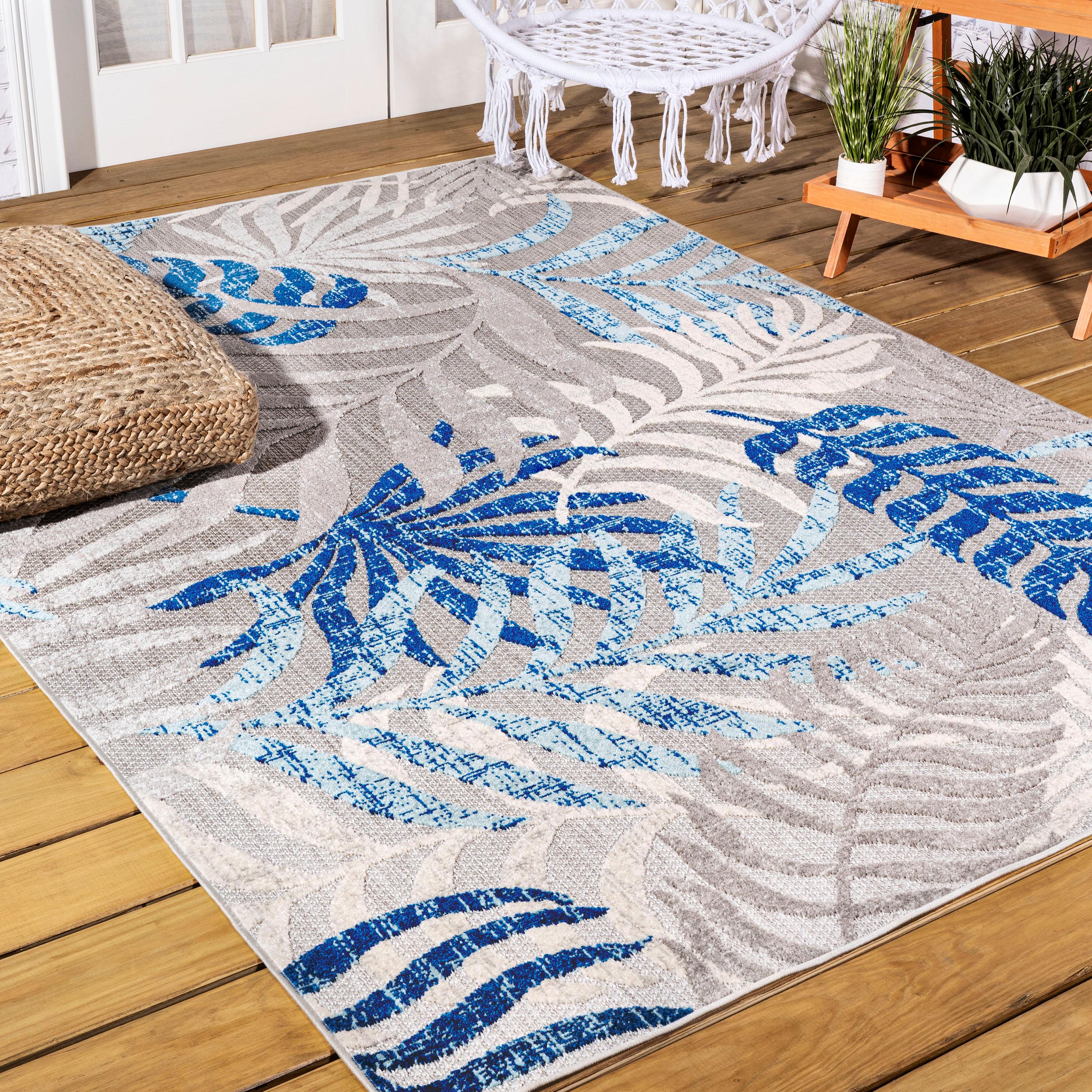 JONATHAN Y Tropics Palm Leaves Indoor/Outdoor Gray/Blue 5 ft. x 8 ft. Area Rug