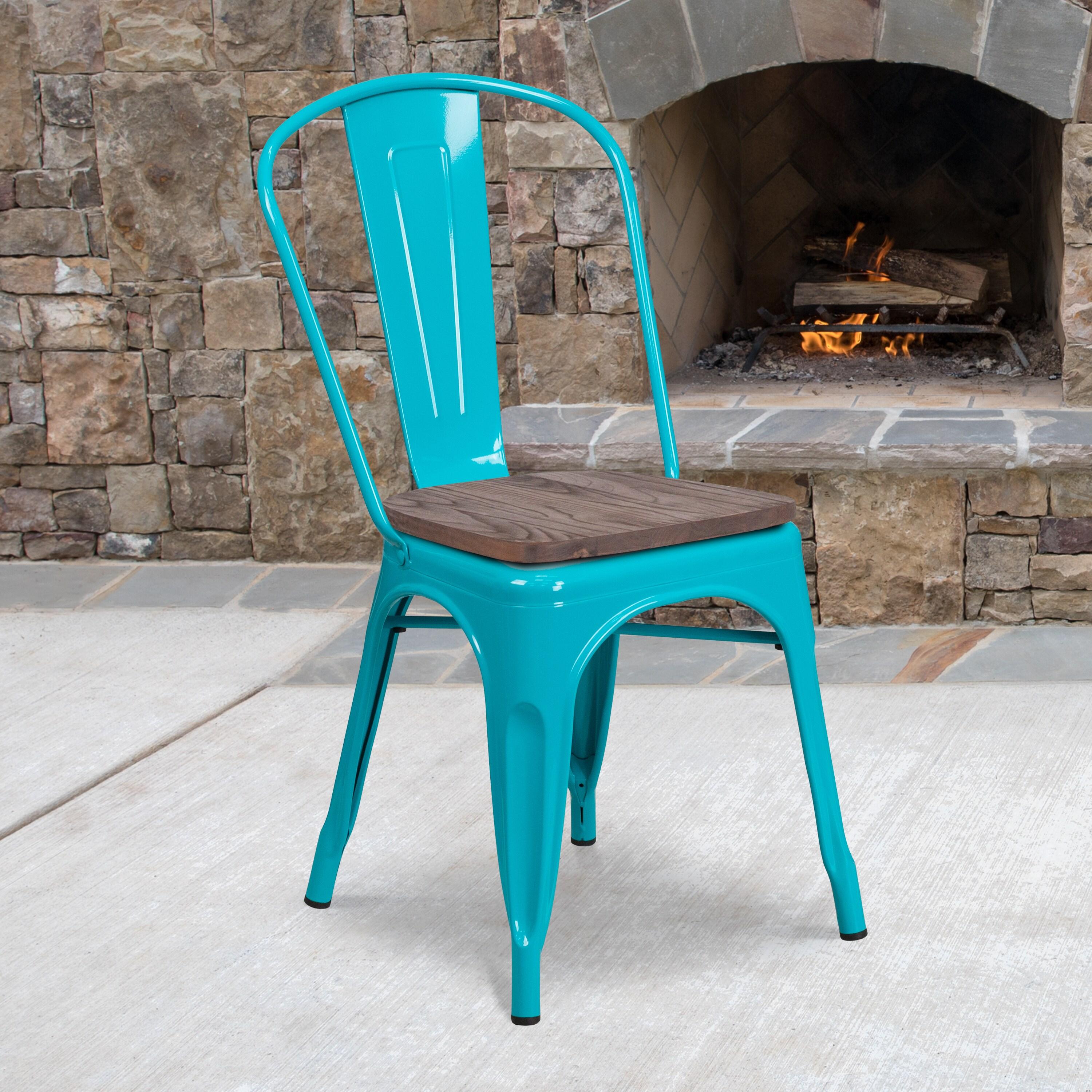 Flash Furniture Crystal Teal-Blue Metal Stackable Chair with Wood Seat