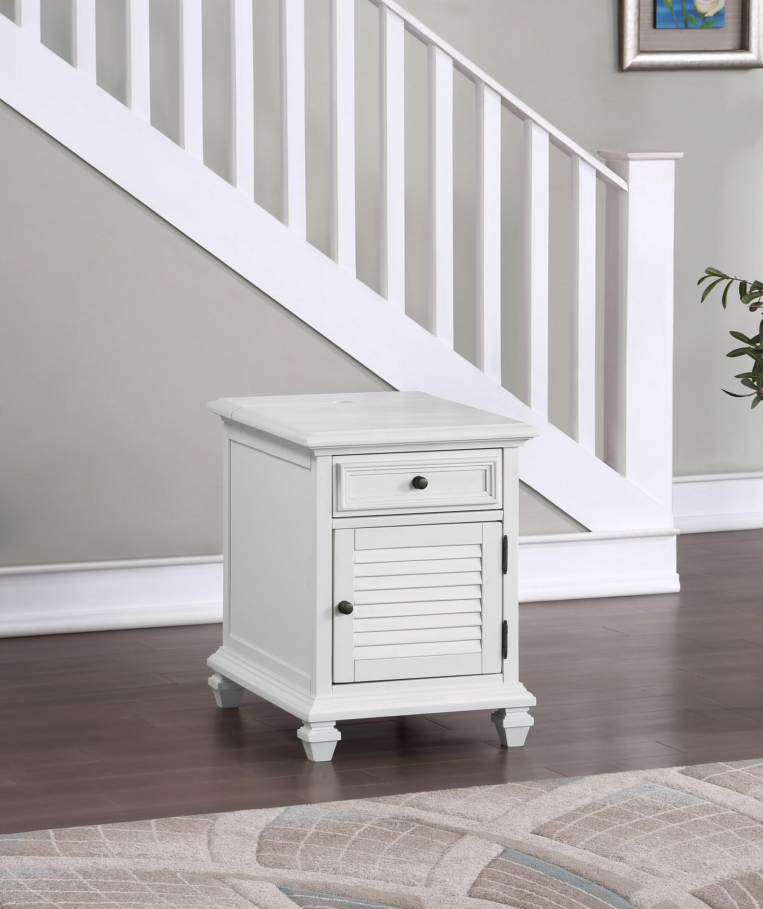 Charlestown Storage End Table with USB White - Steve Silver Co.: Cottage Style, Louvered Door Cabinet, Power Strip