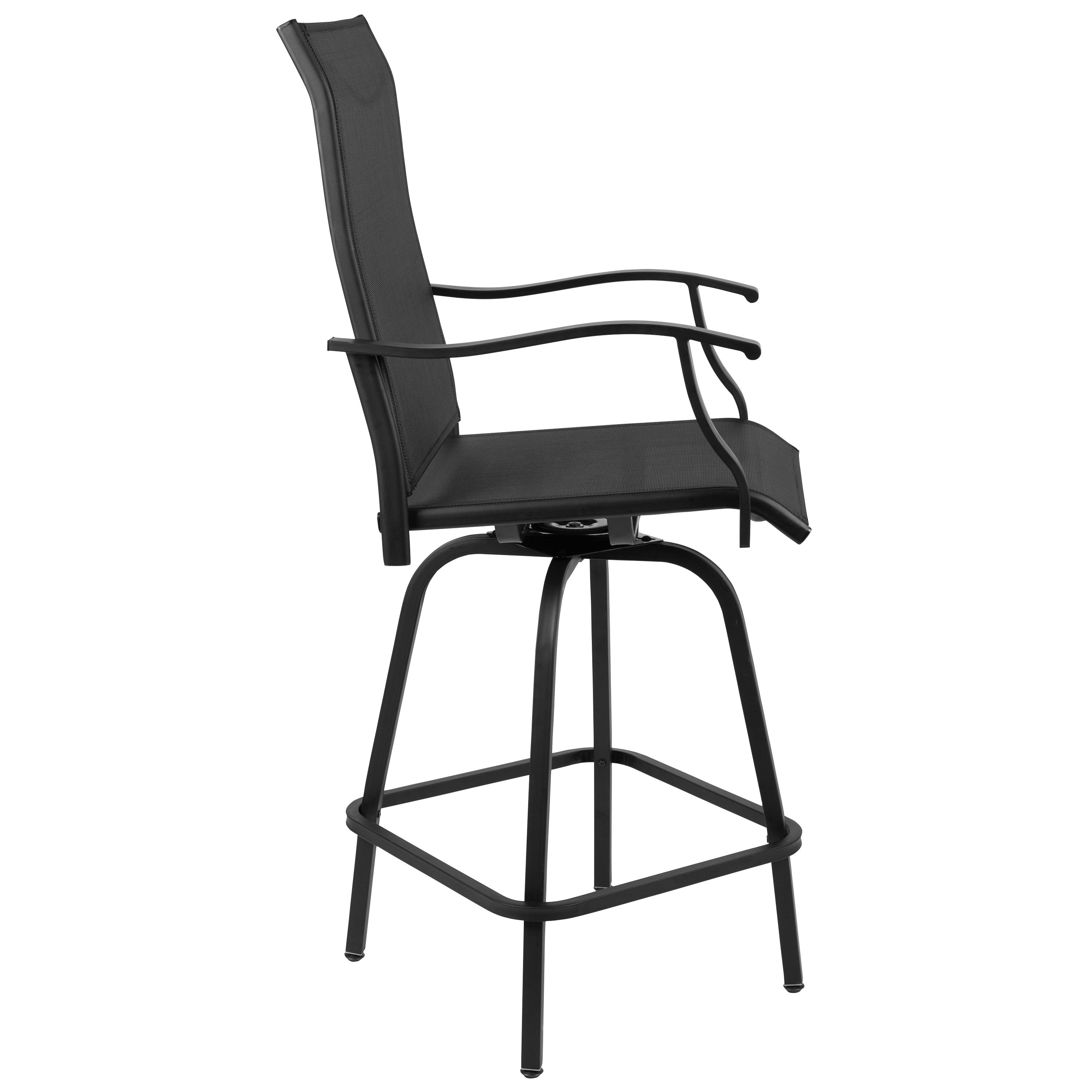 Flash Furniture Patio Bar Height Stools Set of 2, All-Weather Textilene Swivel Patio Stools and Deck Chairs with High Back & Armrests in Black