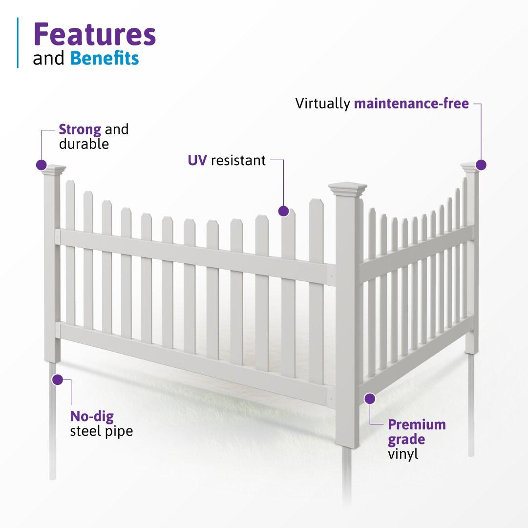 3.5ft H x 6ft W (1 Panel + 1 Post) No Dig WamBam All American Fence Kit, White Vinyl Picket Fence, Easy Install Outdoor Fence for Backyard or Patio, DIY Decorative Fencing, ZP19041