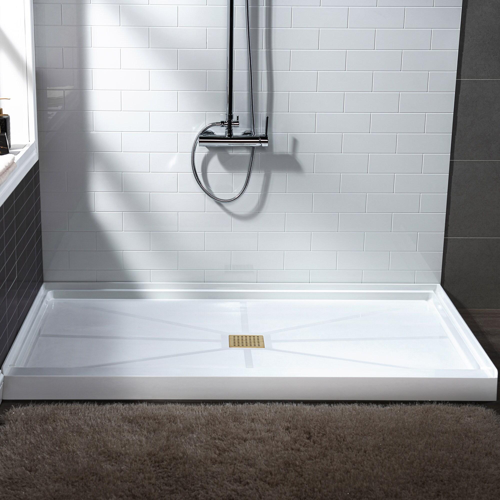 48" W x 36" Solid Surface Single Threshold Shower Pan Base with Drain Assembly & Drain Cover Included, Non-Slip