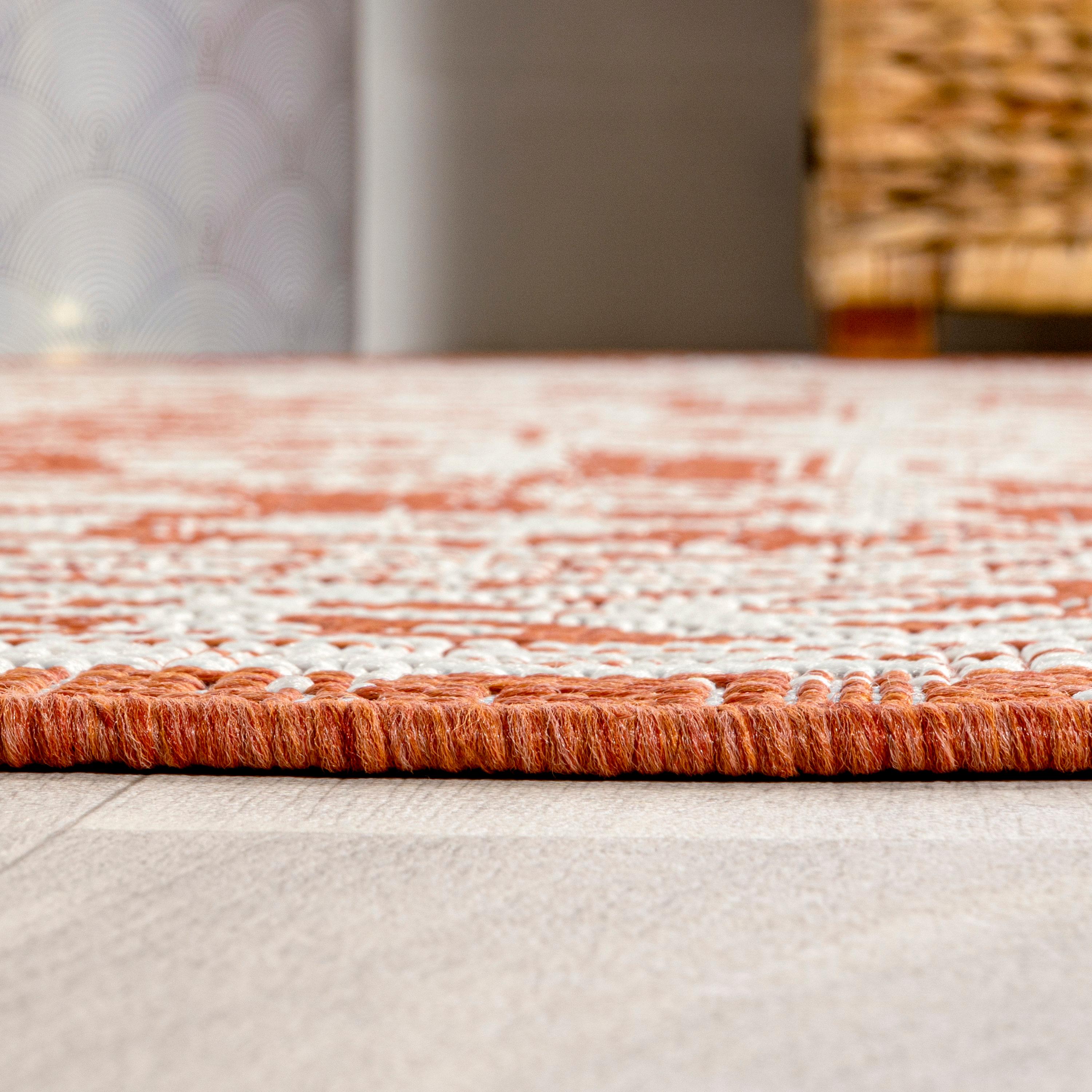 9' x 12' Sinjuri Medallion Textured Weave Indoor/Outdoor Area Rug, Orange/Cream - JONATHAN Y