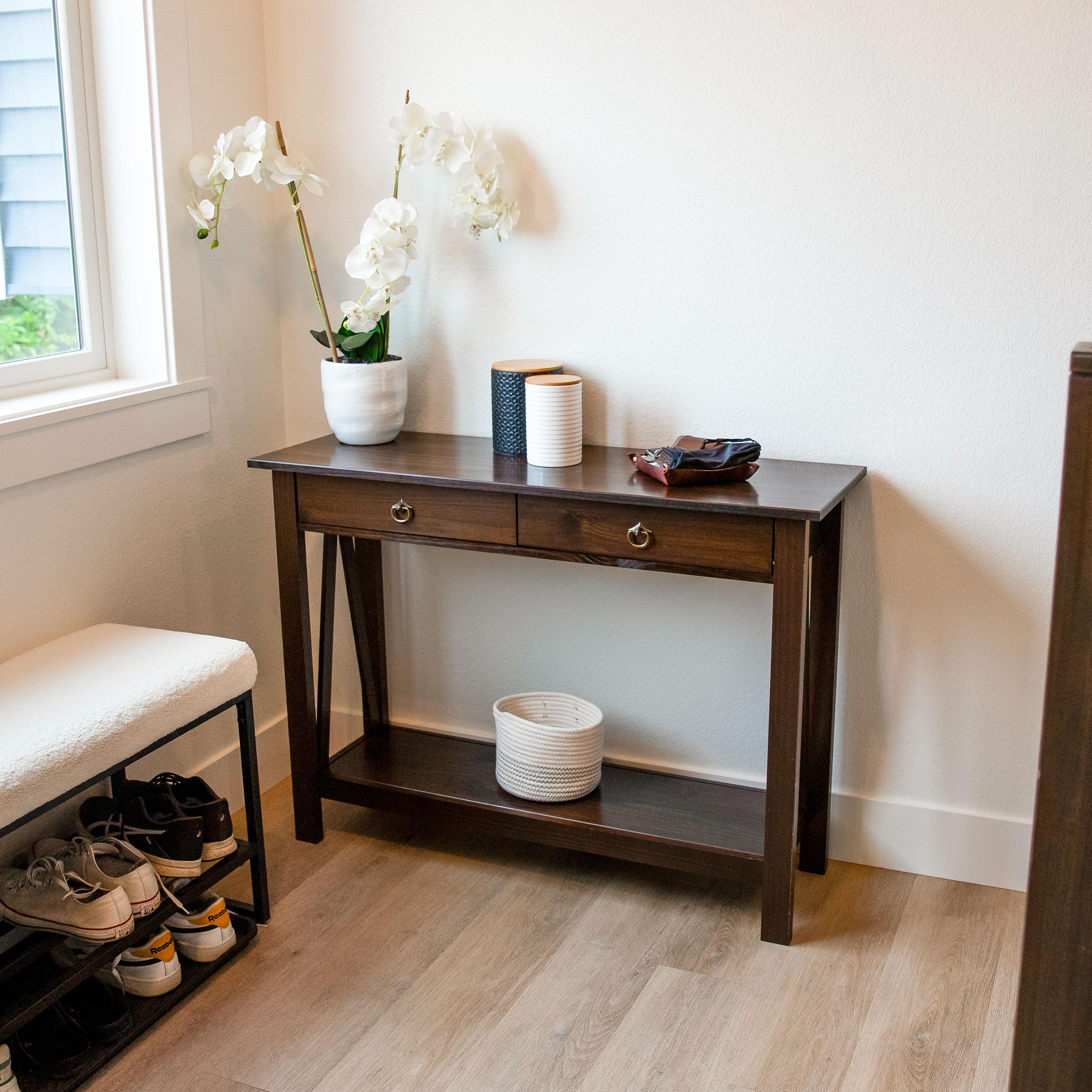 Sunnydaze Indoor Console Table with 2 Drawers and Shelf - Solid Pine Construction - Dark Brown - 42"