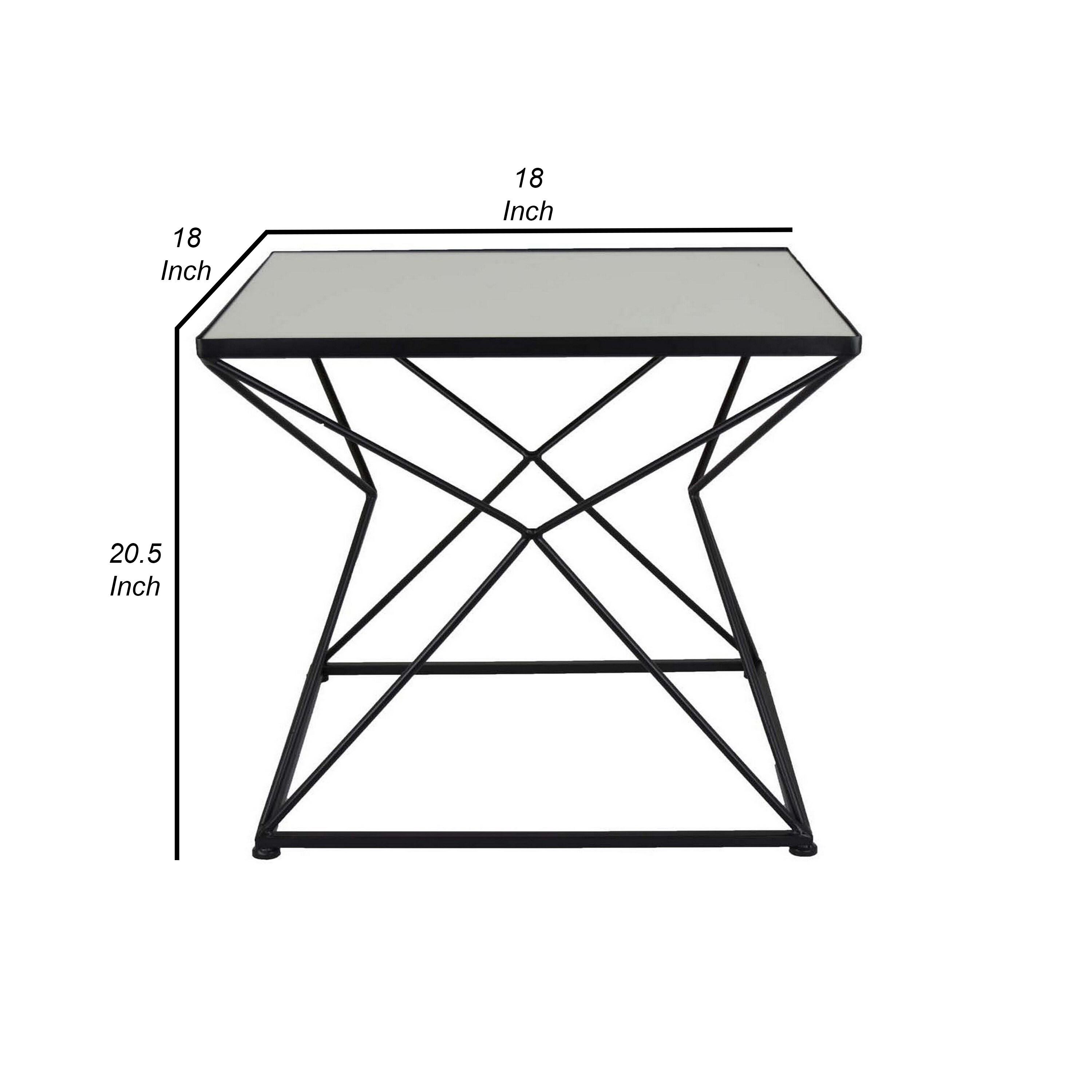 BenJara 21 Inch Plant Stand Side Table, Mirror Top, Black Geometric Metal Frame