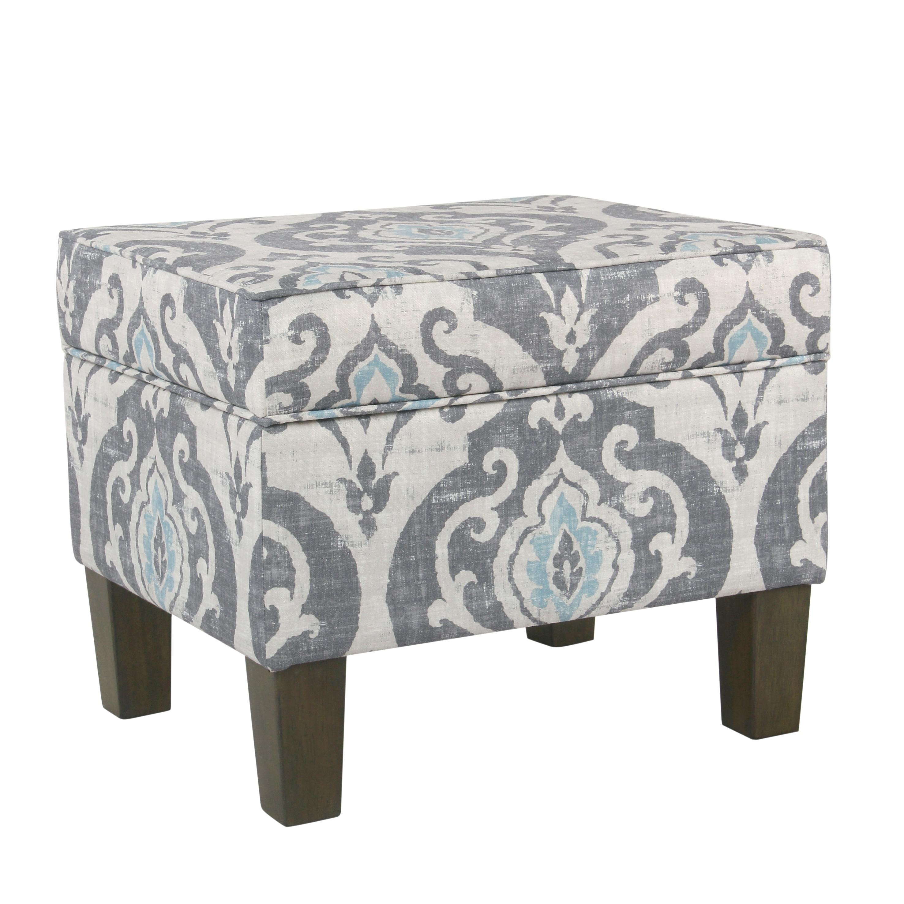 Medium Storage Ottoman Gray/Blue - HomePop: Upholstered Rectangular Footstool with Damask Pattern, Plywood & Hardwood Frame