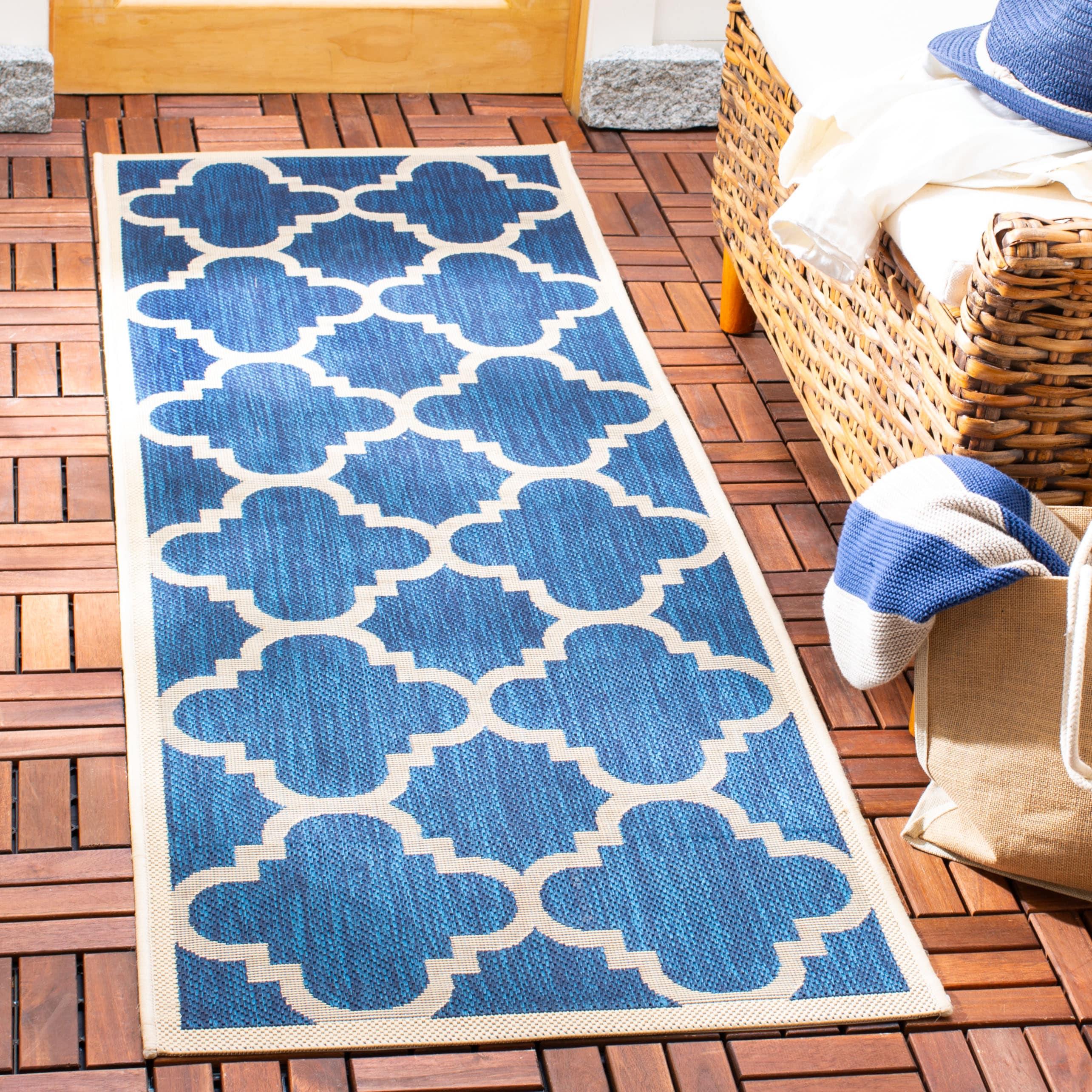 Navy and Beige Moroccan Trellis Indoor/Outdoor Runner Rug