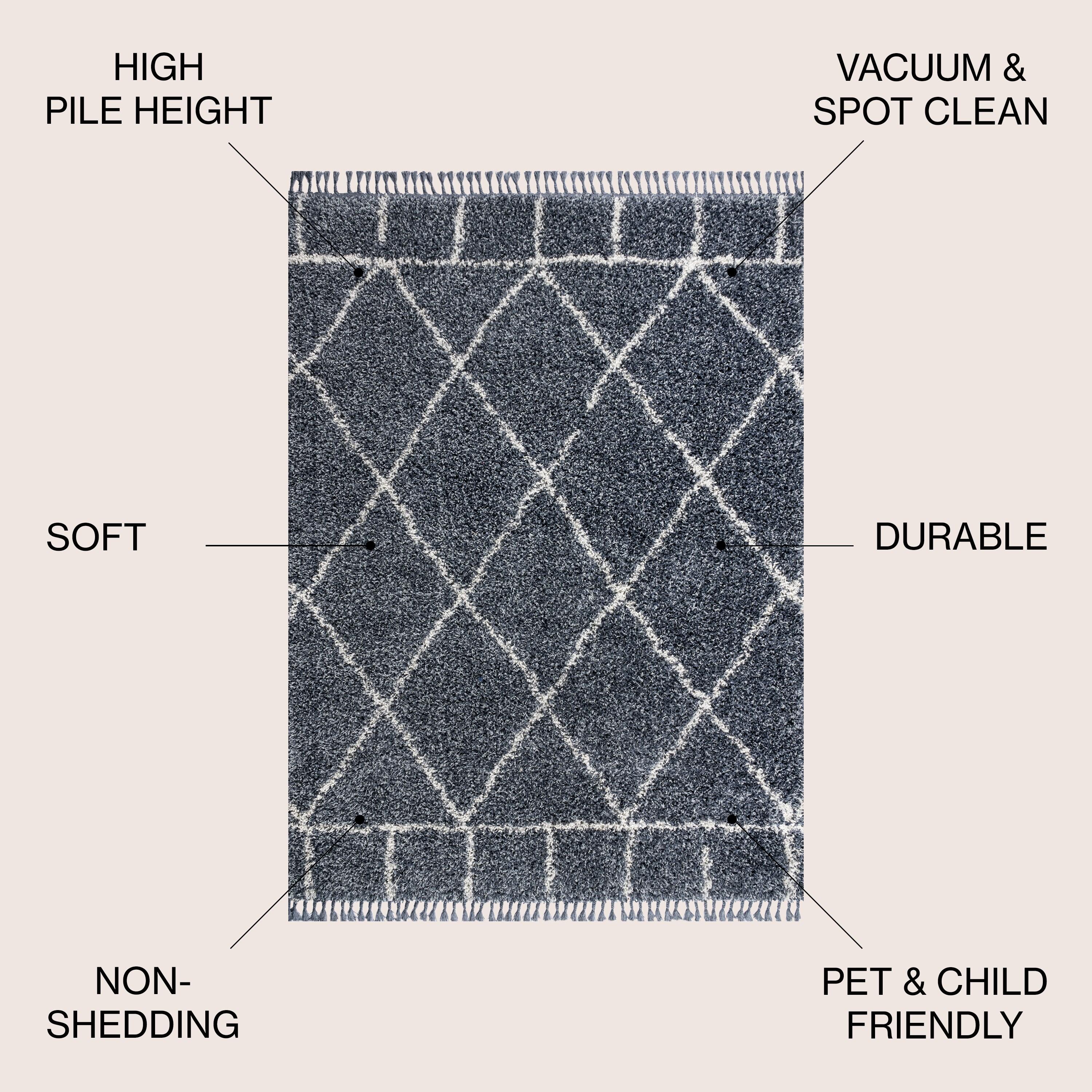 4'x6' Mercer Shag Plush Tassel Moroccan Geometric Trellis Area Rug, Denim/Cream - JONATHAN Y