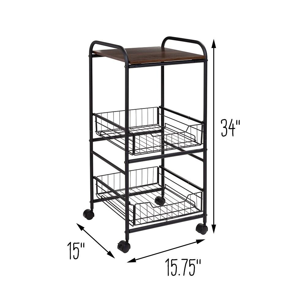 Honey-Can-Do 3 Tier Slim Rolling Cart with Pull Out Baskets: Black Steel Utility Storage, Small Rolling Cart with Drawers