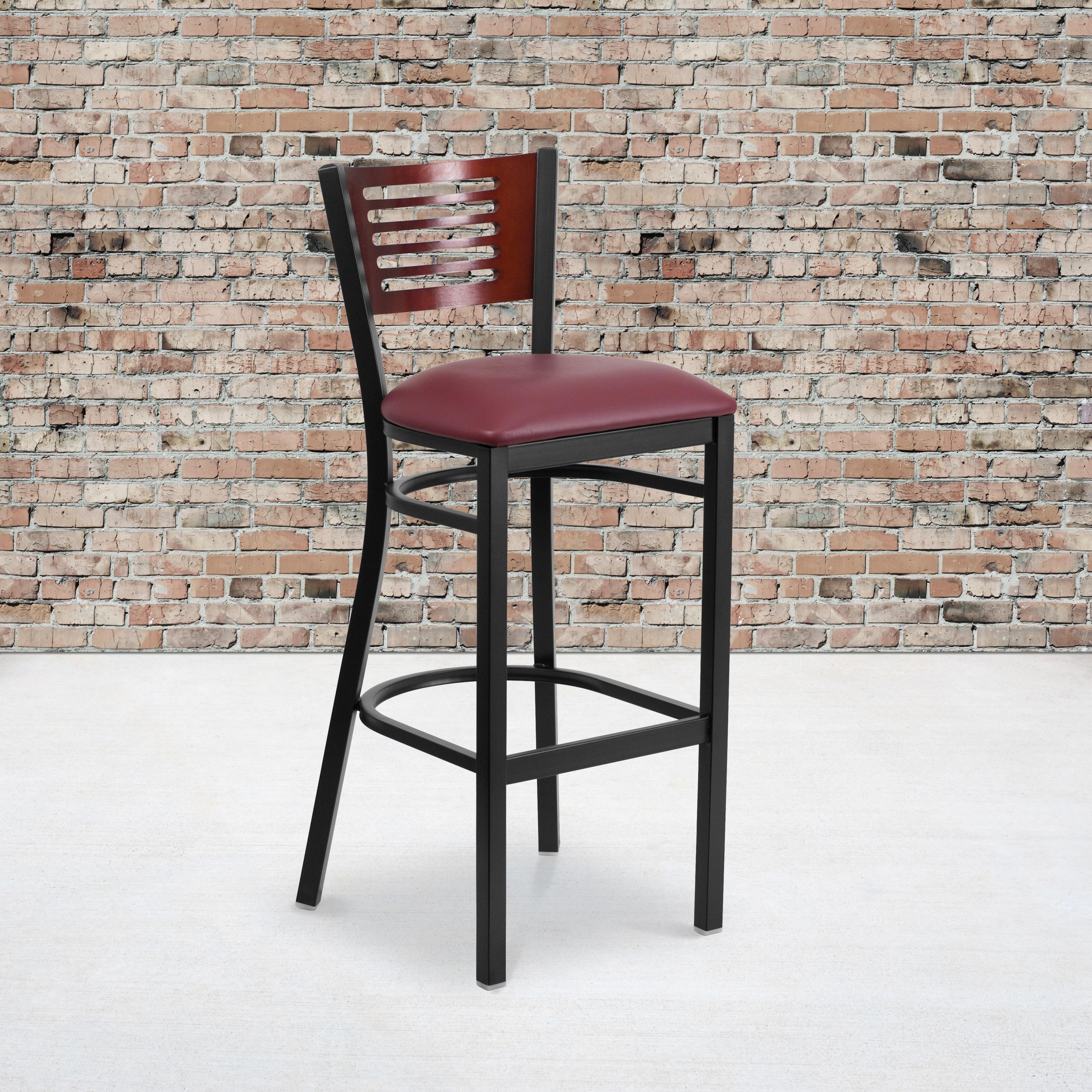 Flash Furniture HERCULES Series Black Slat Back Metal Restaurant Barstool - Mahogany Wood Back, Burgundy Vinyl Seat