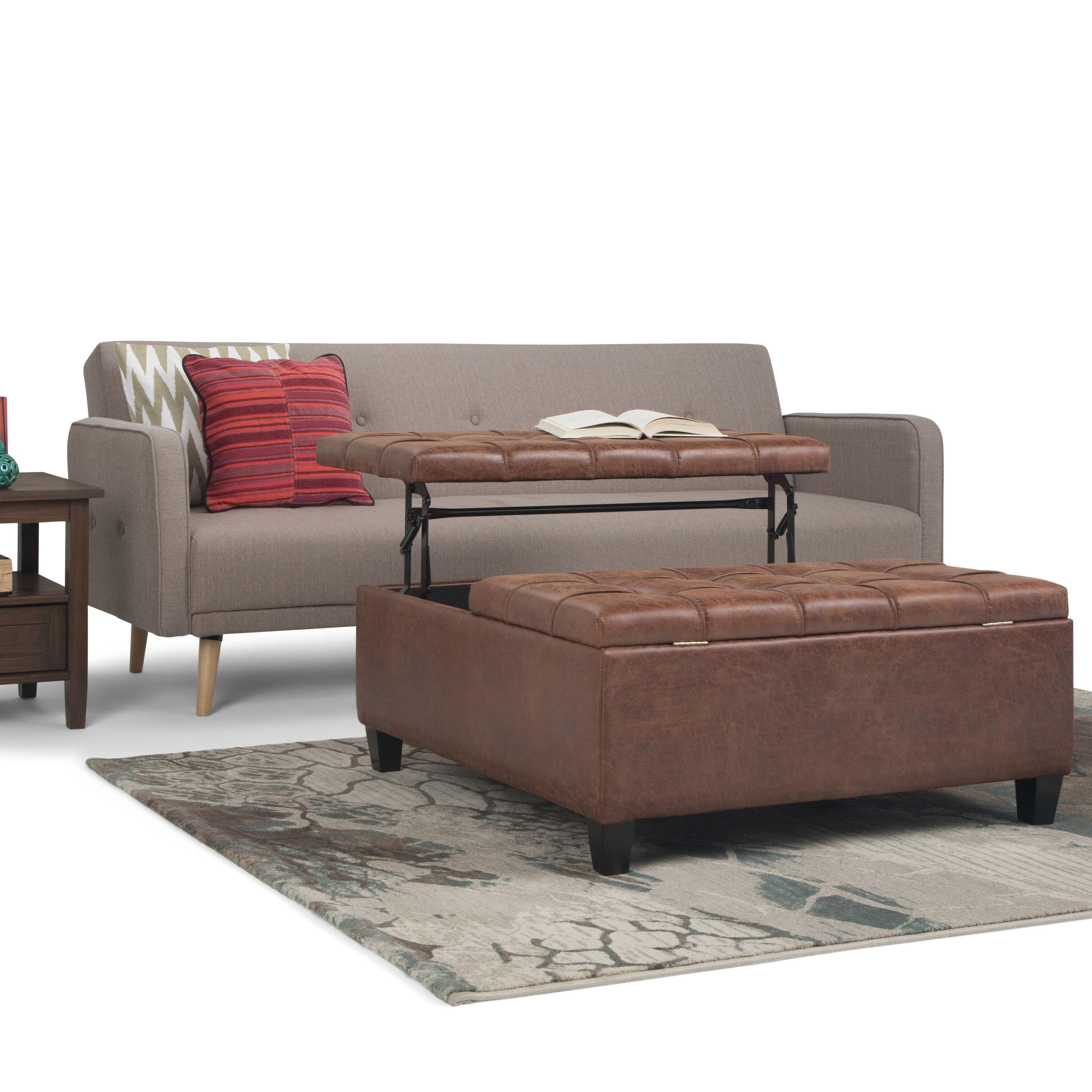 Simpli Home Harrison 36"W Upholstered Square Coffee Table Storage Ottoman with Split Lift Top