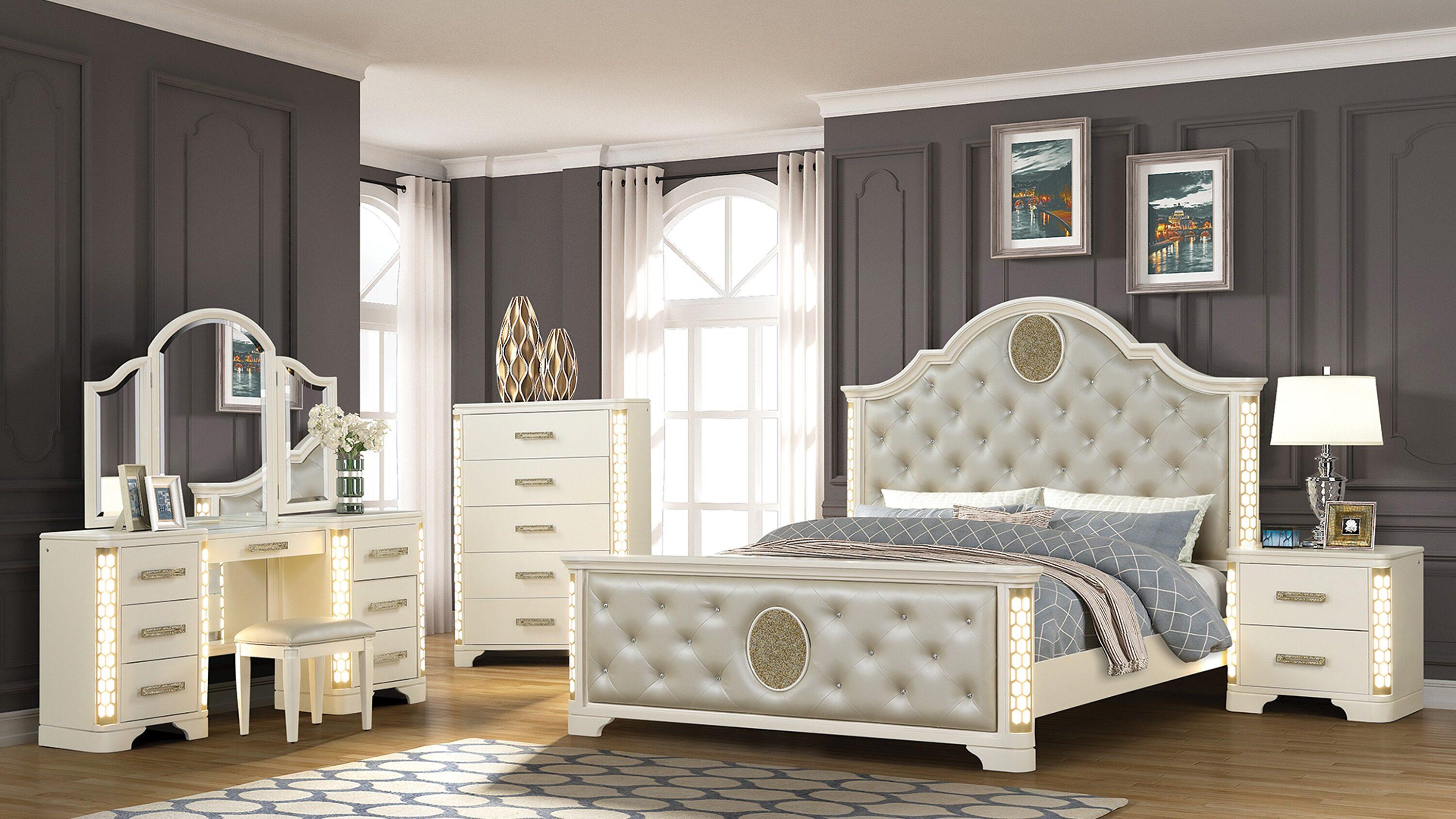 Jasmine Queen 5-N Pc Unique LED Bedroom Set made with Wood in Beige