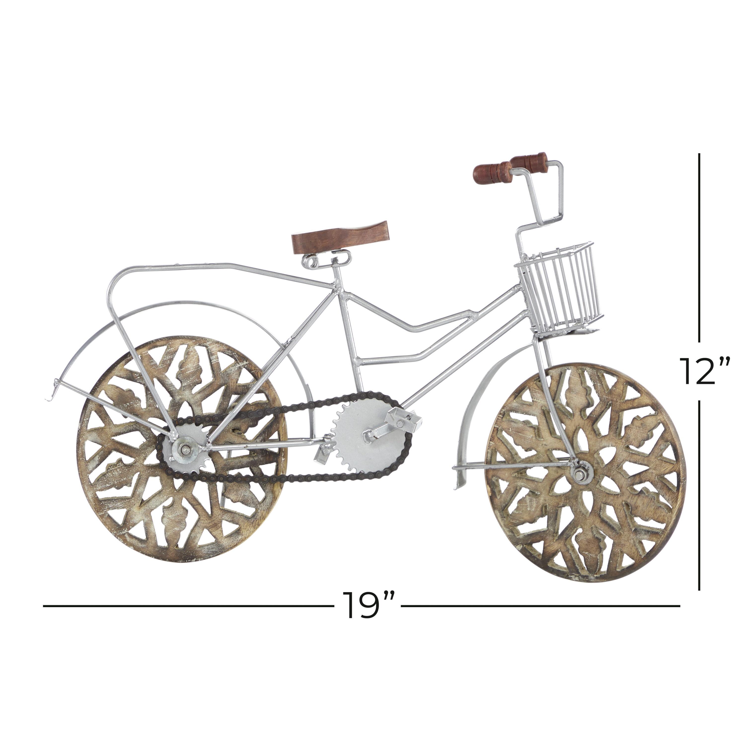 19" x 12" Brown Metal Bike Sculpture with Carved Wood Wheels, by DecMode