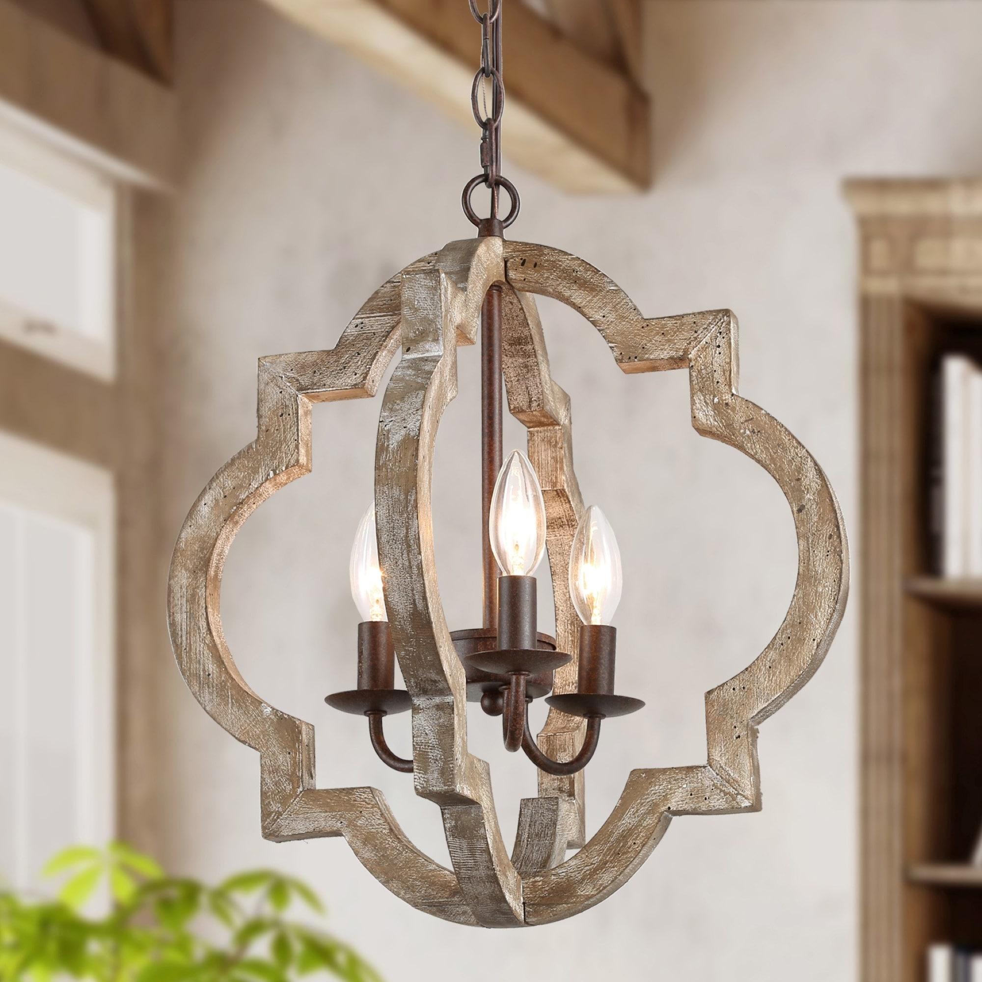 LNC 3-Light Farmhouse Distressed Gray Wood and Rustic Bronze Cage LED Chandelier