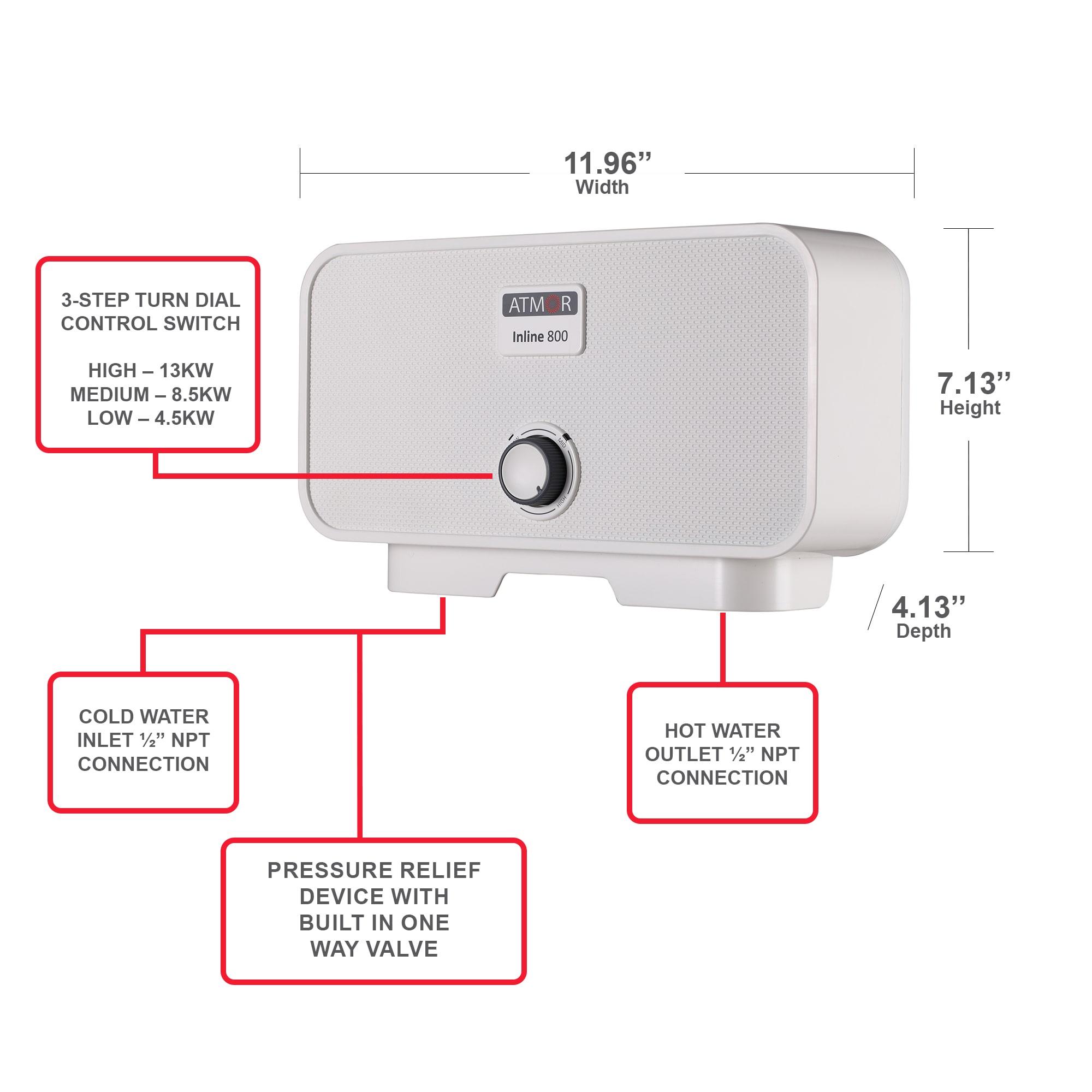 Atmor 13kW/240V Electric Tankless Water Heater Includes Pressure Relief Device, Ideal for a Full Bathroom