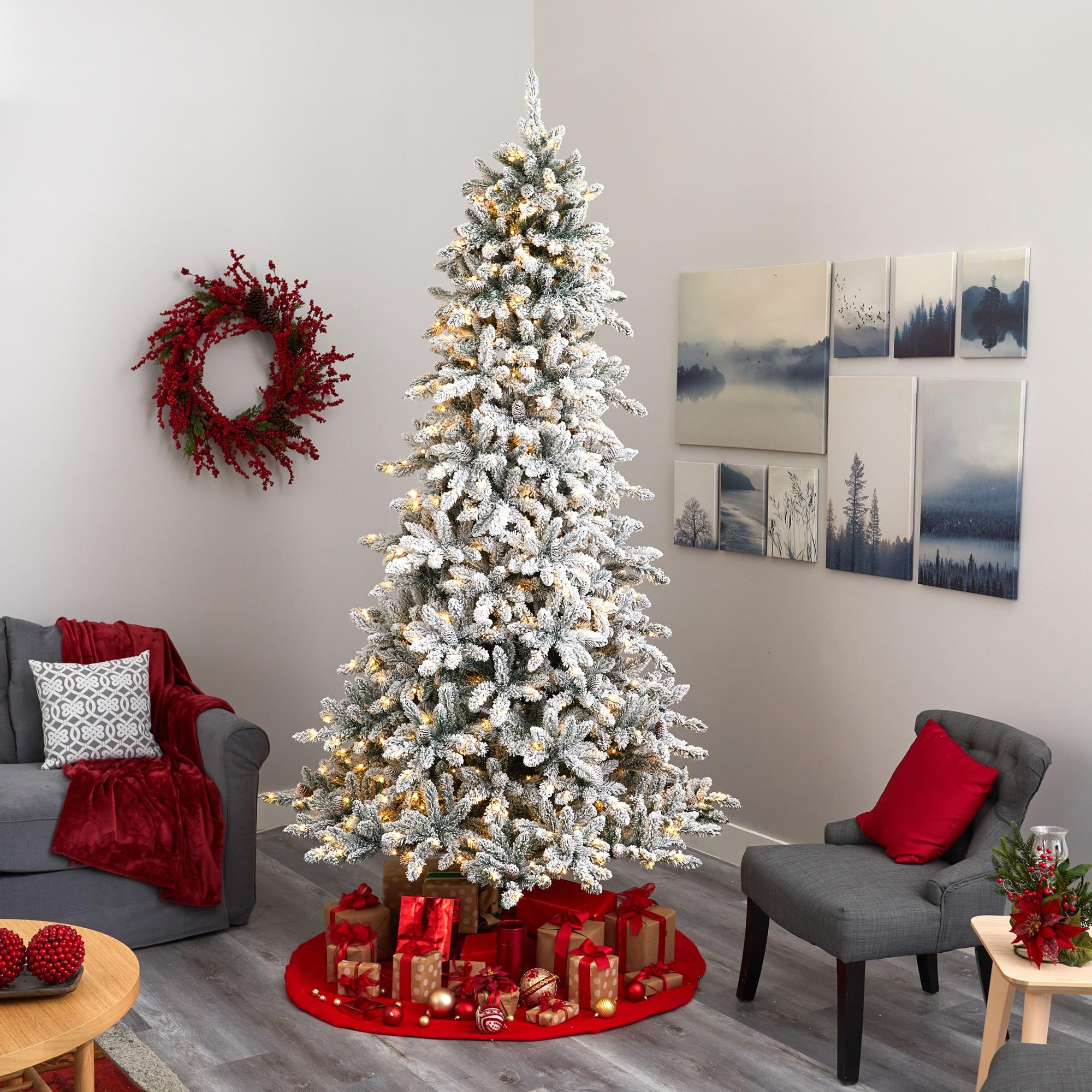 Nearly Natural 9' Flocked Fir Artificial Christmas Tree Prelit with 650 Clear Warm LED Lights