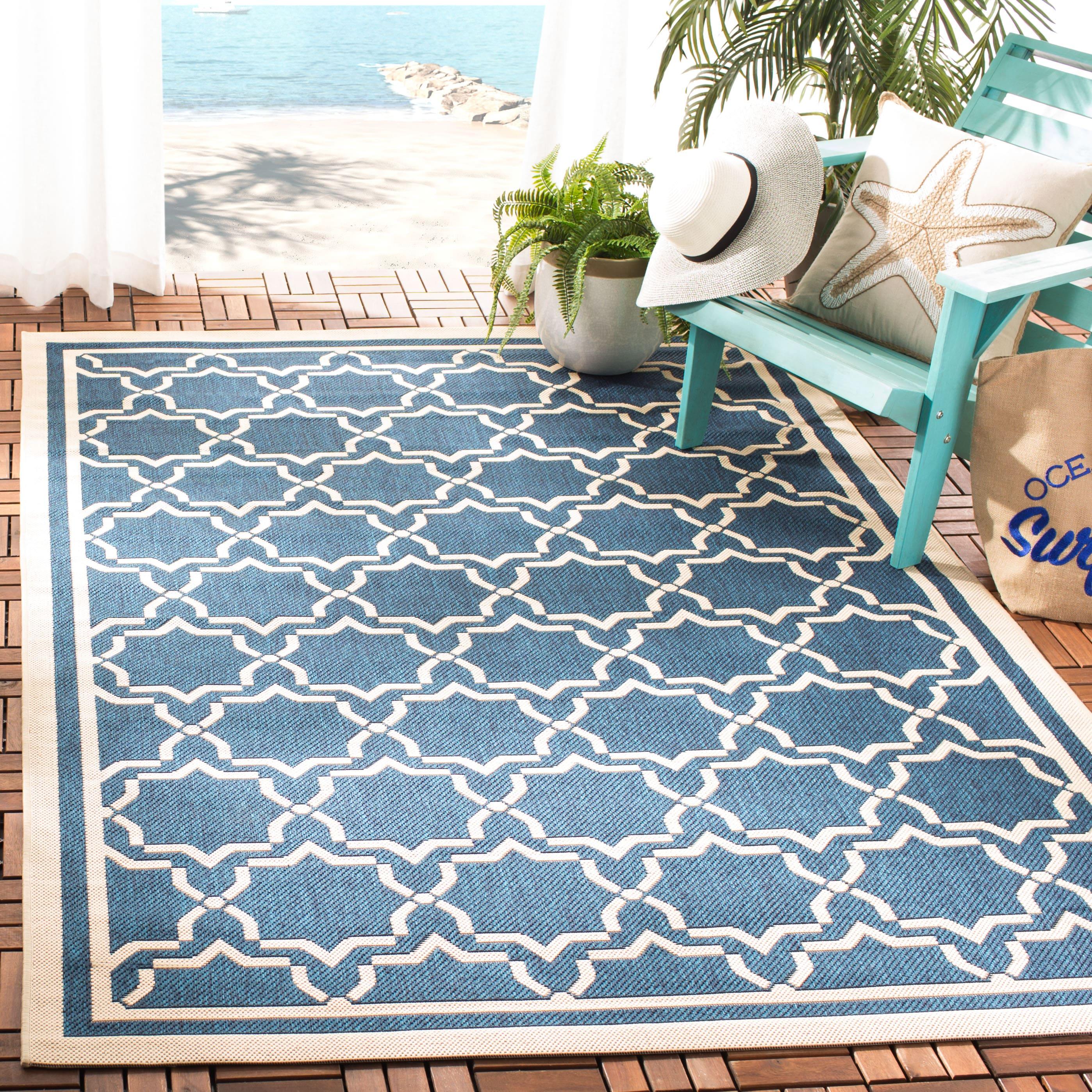 Navy and Beige Geometric Synthetic Indoor/Outdoor Rug, 4' x 5'7"