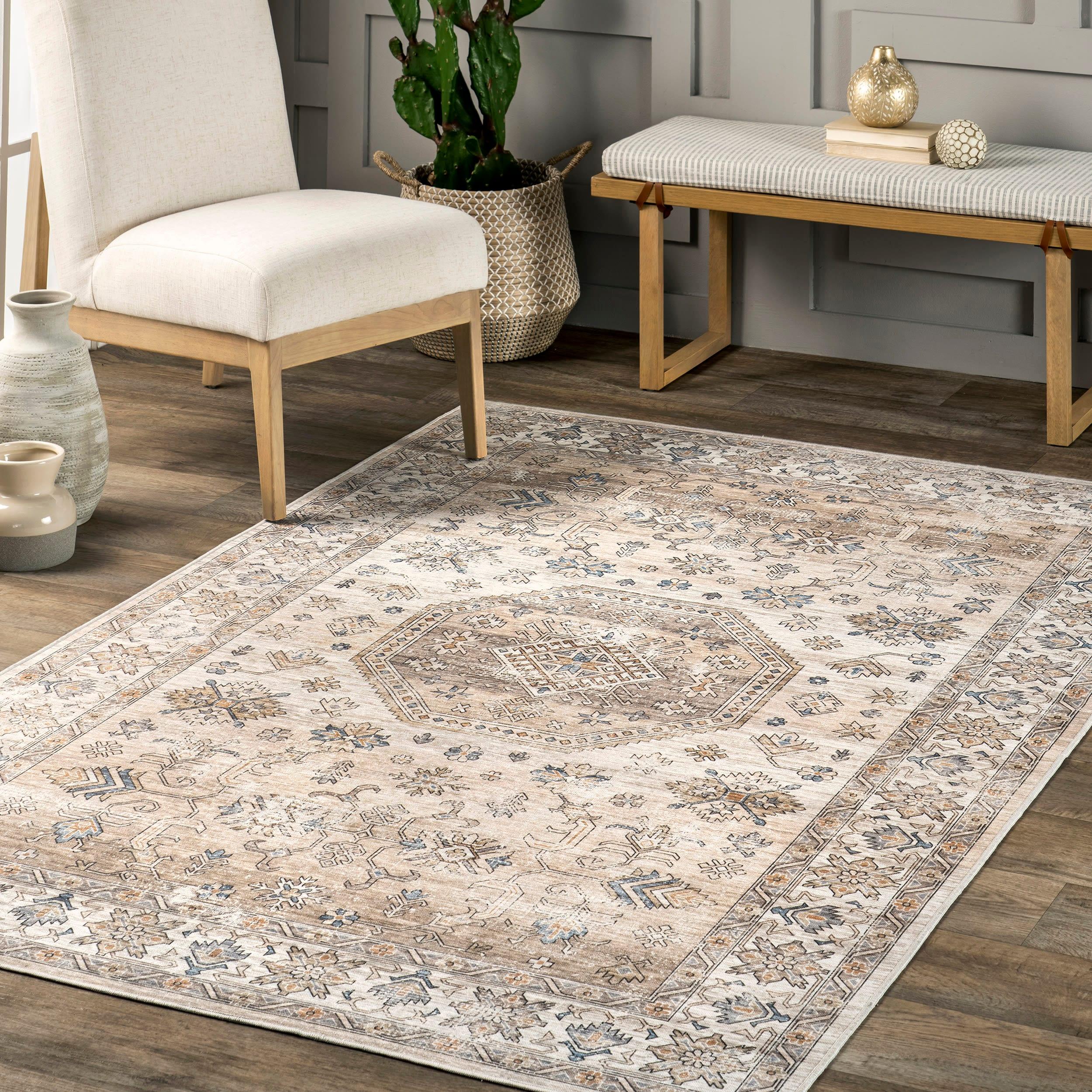 Nuloom Darby Medallion 9x12 Spill Proof Machine Washable Indoor Area Rug for Living Room Bedroom Dining Room, Beige/Ivory