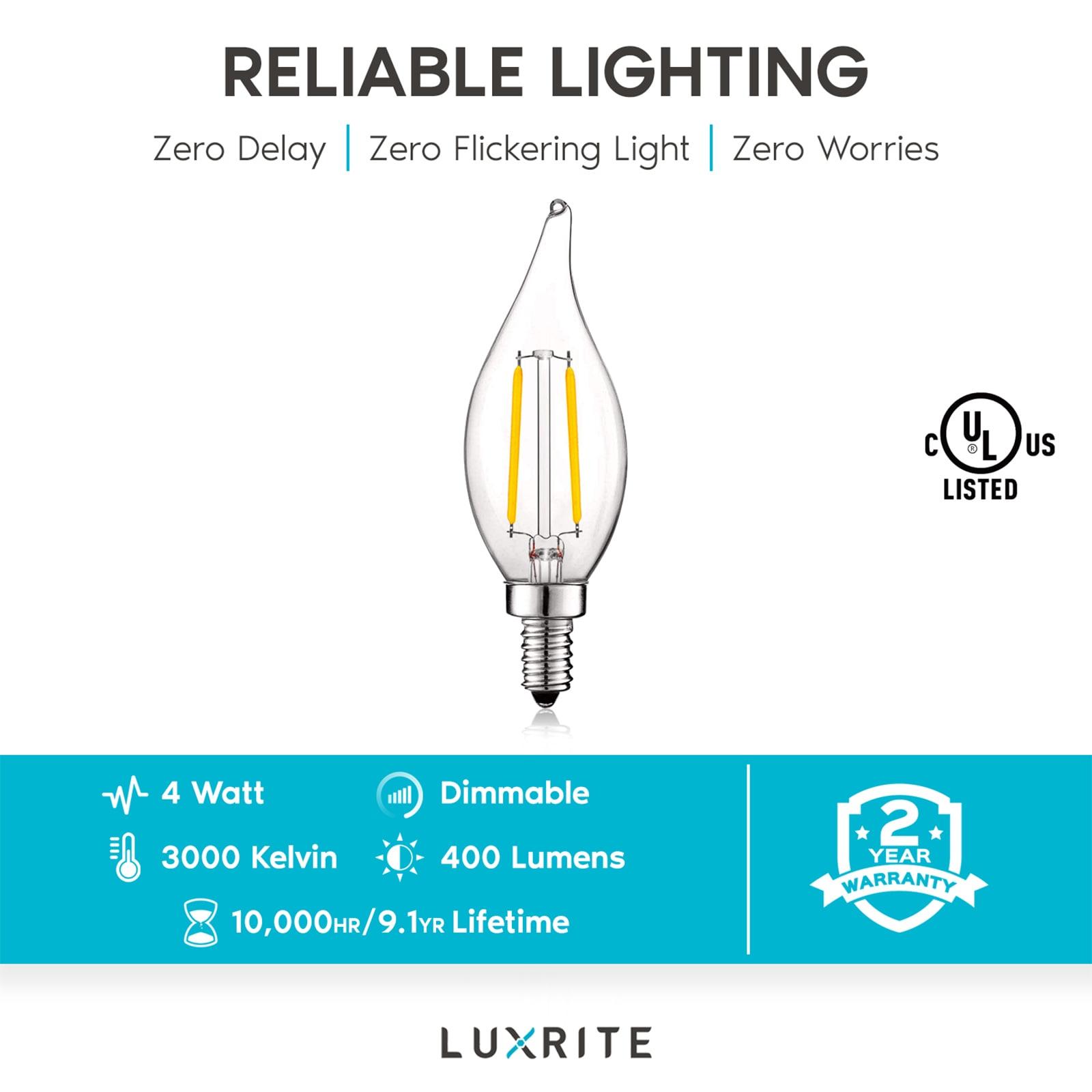Luxrite 4W E12 Vintage Candelabra Dimmable LED Light Bulbs, 40W Equivalent 400 Lumens, 3000K Soft White, Flame Tip, 24-Pack