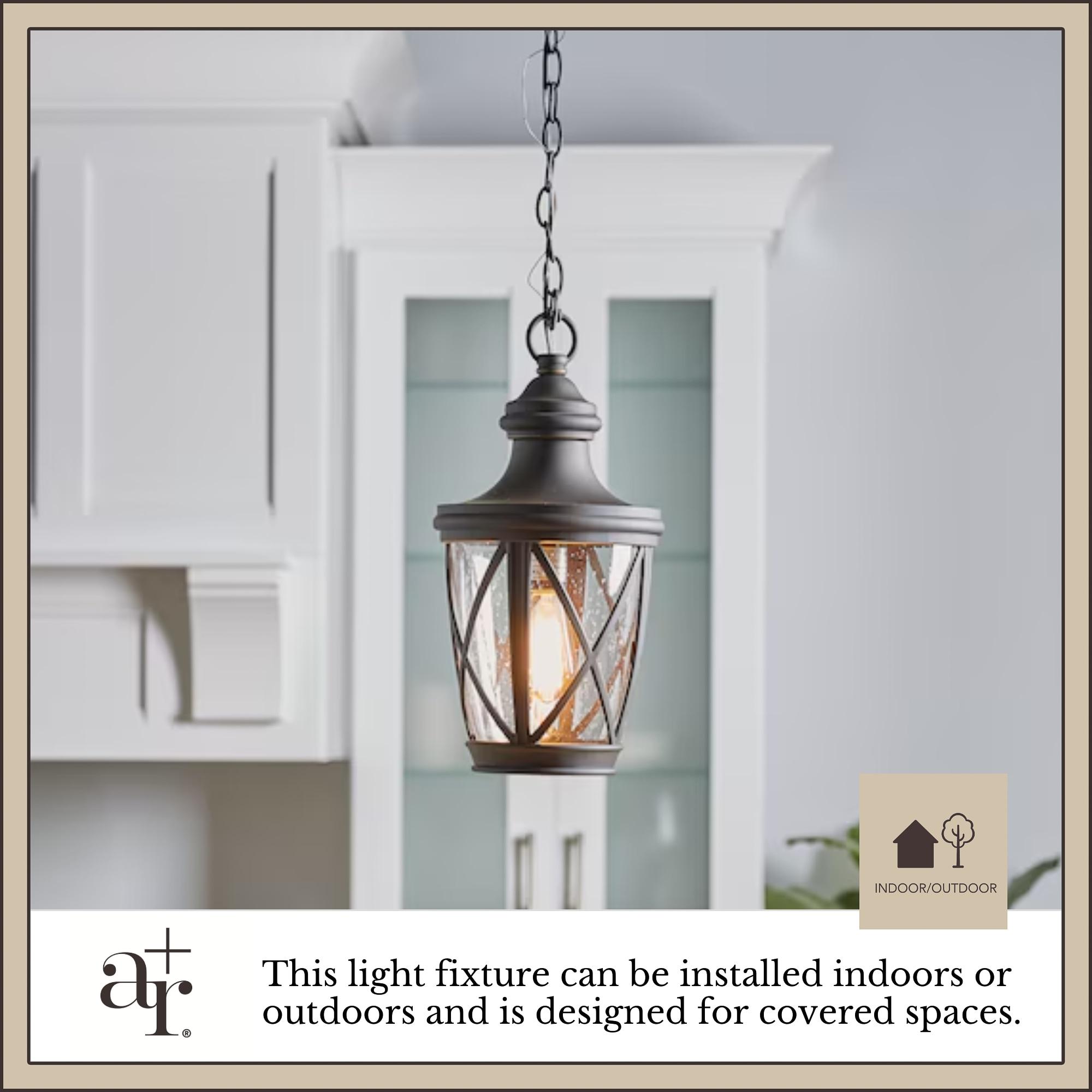 allen + roth Castine Bronze Craftsman Seeded Glass Lantern Led Medium Outdoor Hanging Pendant Light