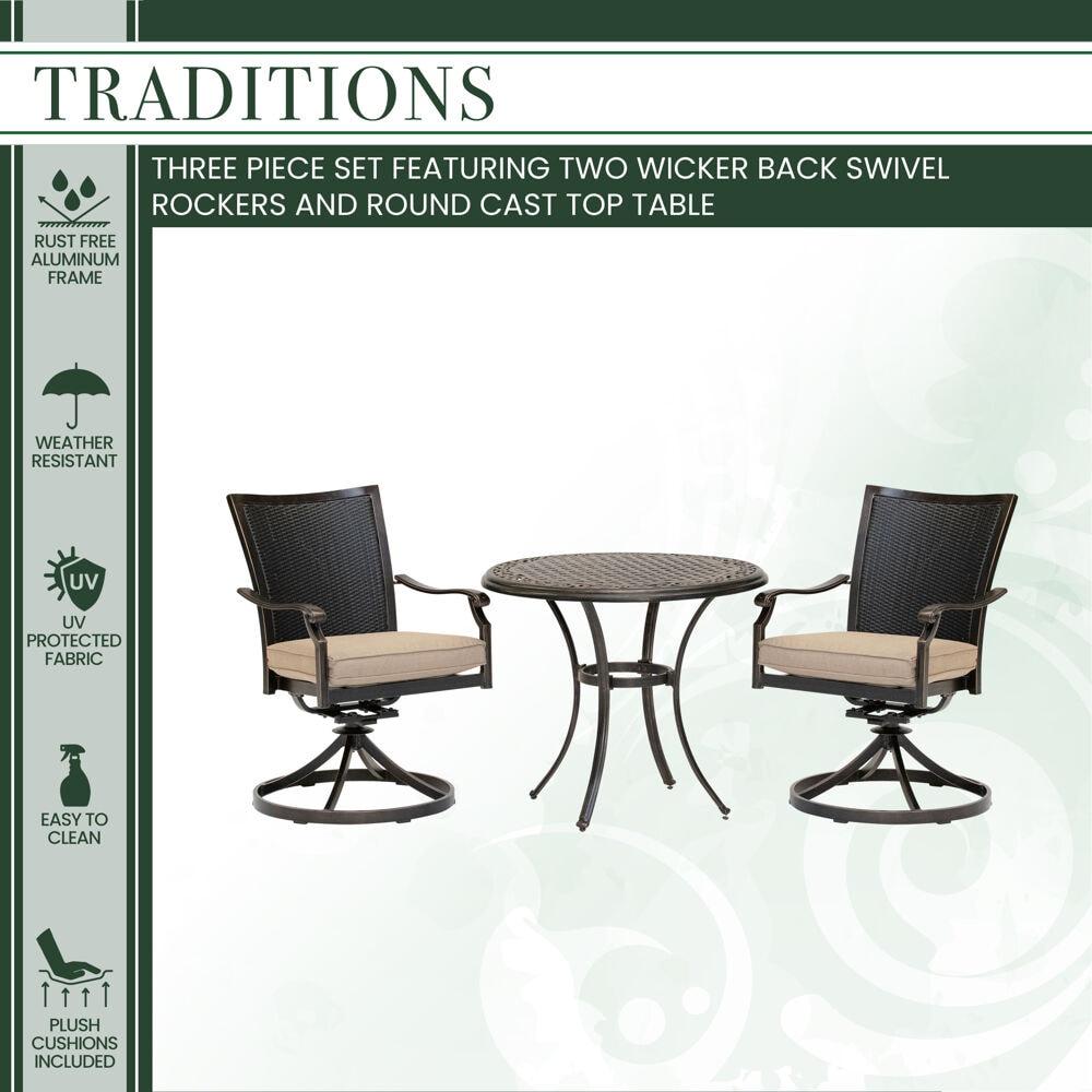 Hanover Traditions 3-Piece Outdoor Furniture Patio Bistro Set, 2 Cushioned Wicker Aluminum Swivel Rocker Chairs and 32" Round Cast Table, Natural Oat