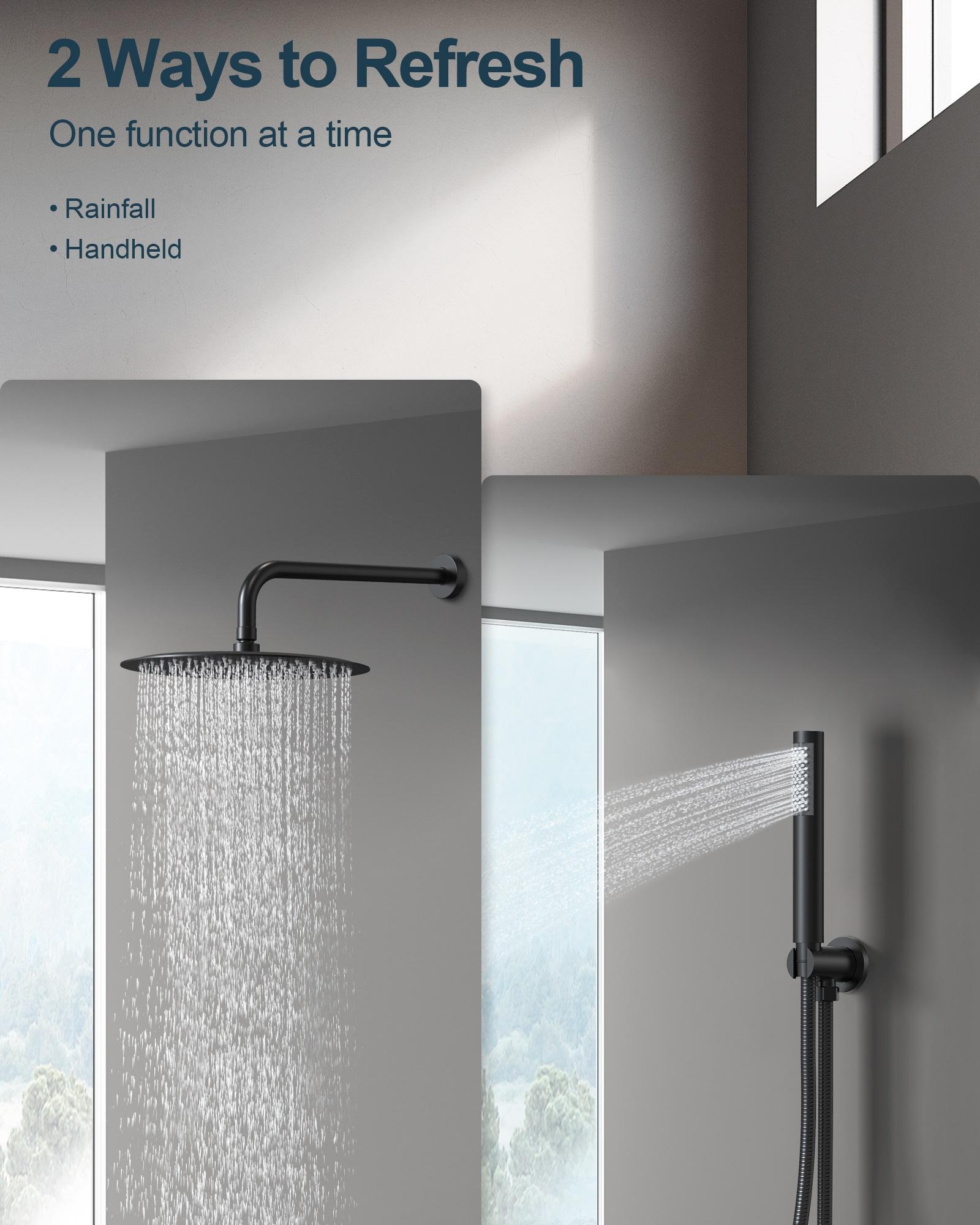 GRANDJOY Complete Shower System, 10" and 6" Dual Wall Mount Rain Shower Faucets with Handheld Shower Spray, High Pressure in Matte Black