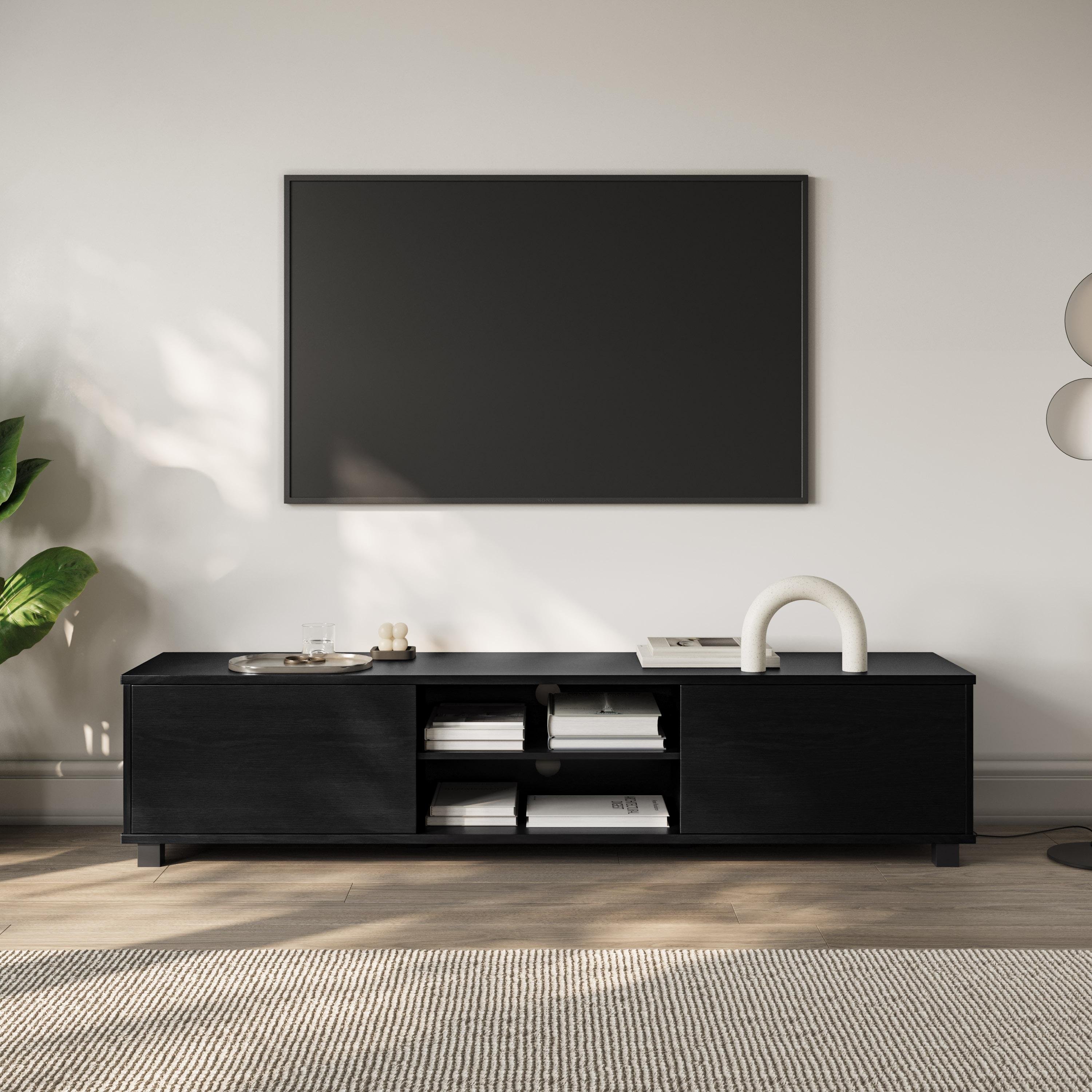 CorLiving Hollywood TV Stand for TVs up to 85" Black: Modern Console, Adjustable Shelves, MDF Frame