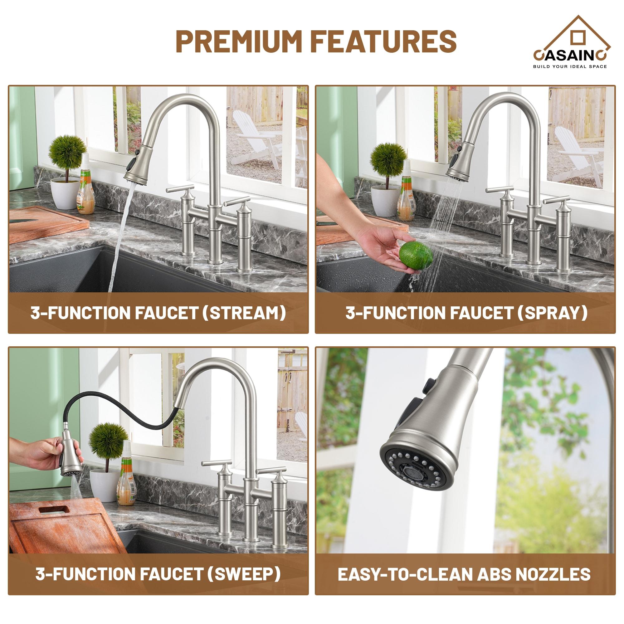 CASAINC Sleek 2-Handle Bridge Kitchen Faucet with Three Function Pull-Down Sprayhead 1.8 GPM KCLT0001-BN