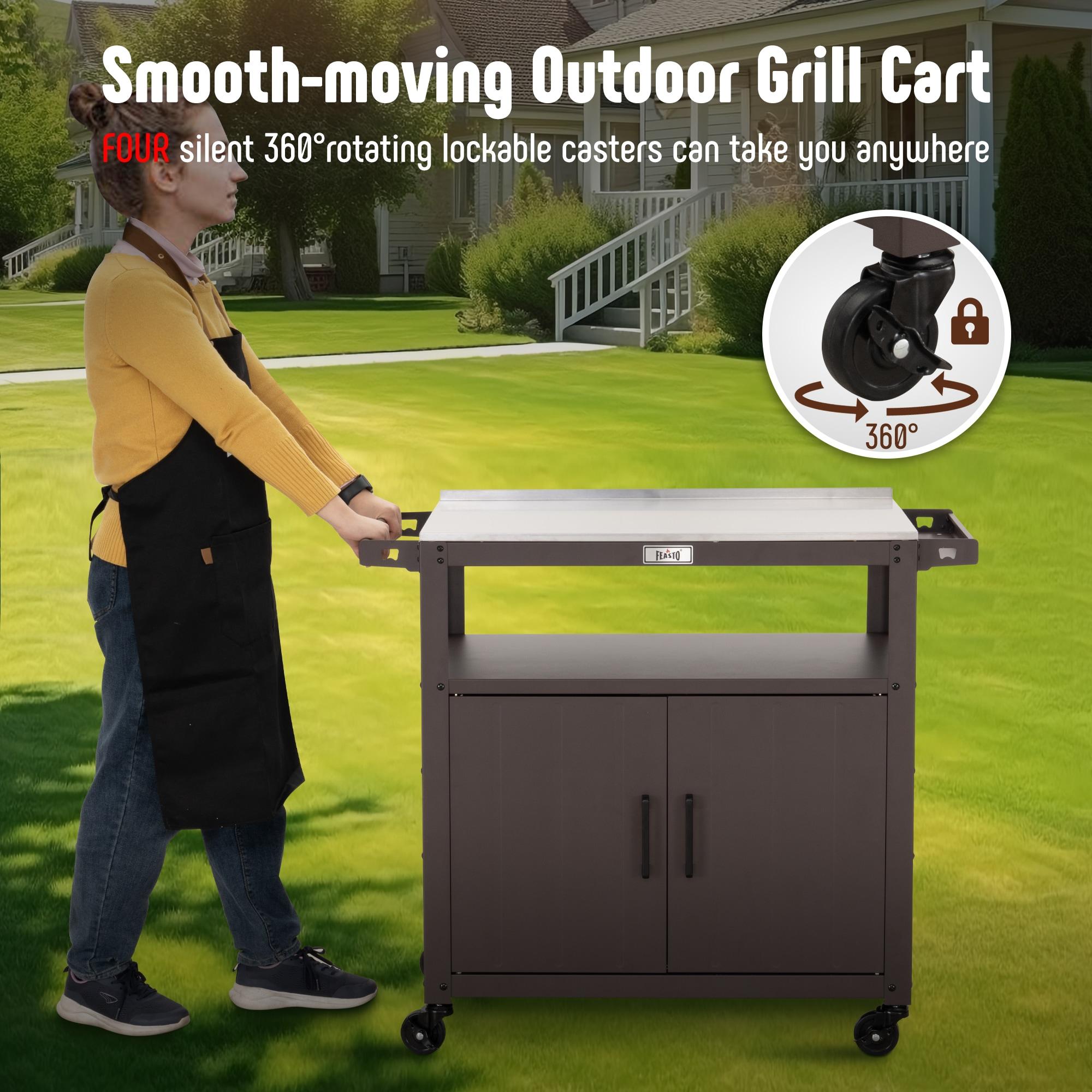 Feasto Feasto Outdoor Grill Cart with Stainless Steel Tabletop and Storage Cabinet, Movable Kitchen Island with Wheels for BBQ Food Prep
