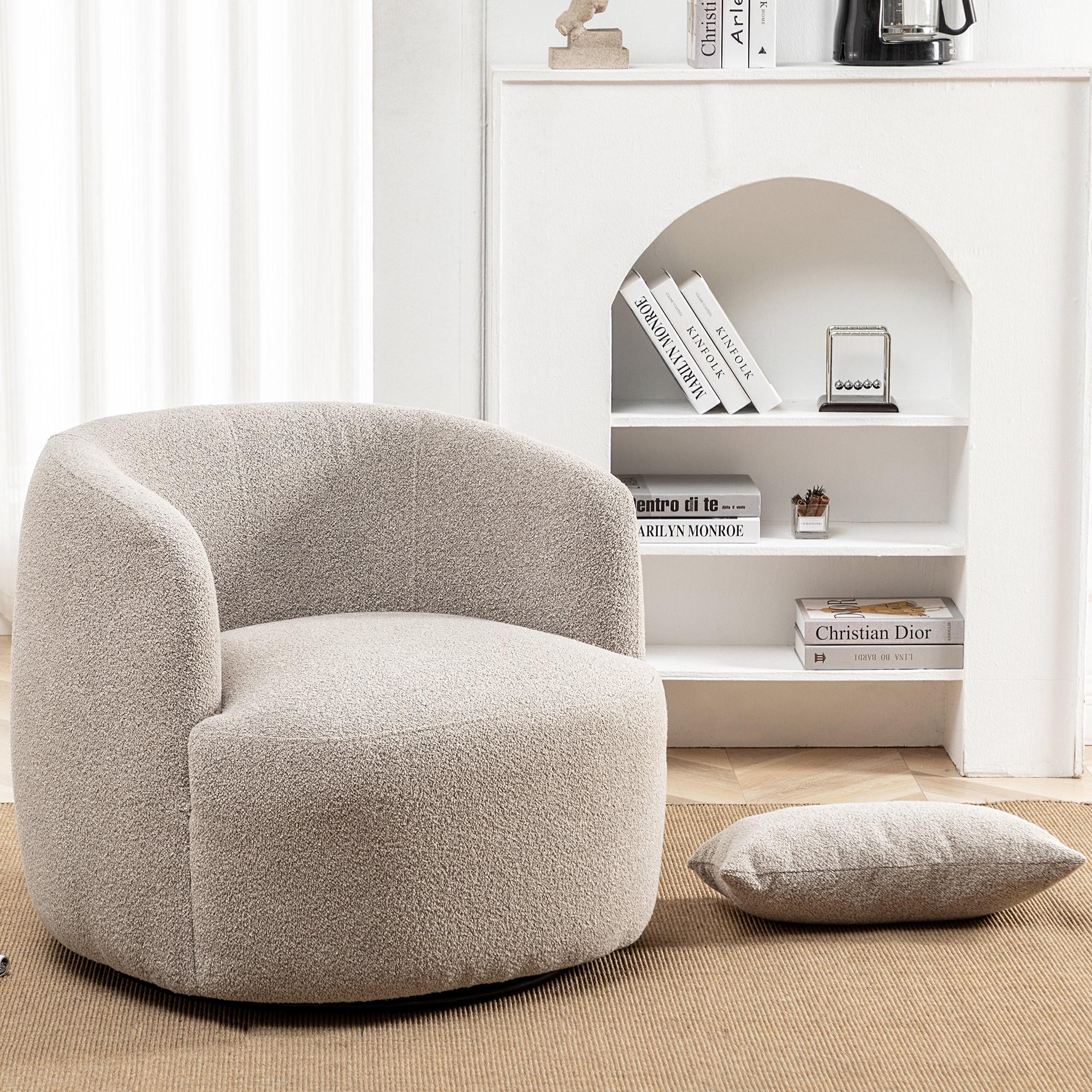 Boucle Upholstered Swivel Armchair Taupe - Kinwell: Pine Frame, 360° Metal Base, 300 lbs Capacity