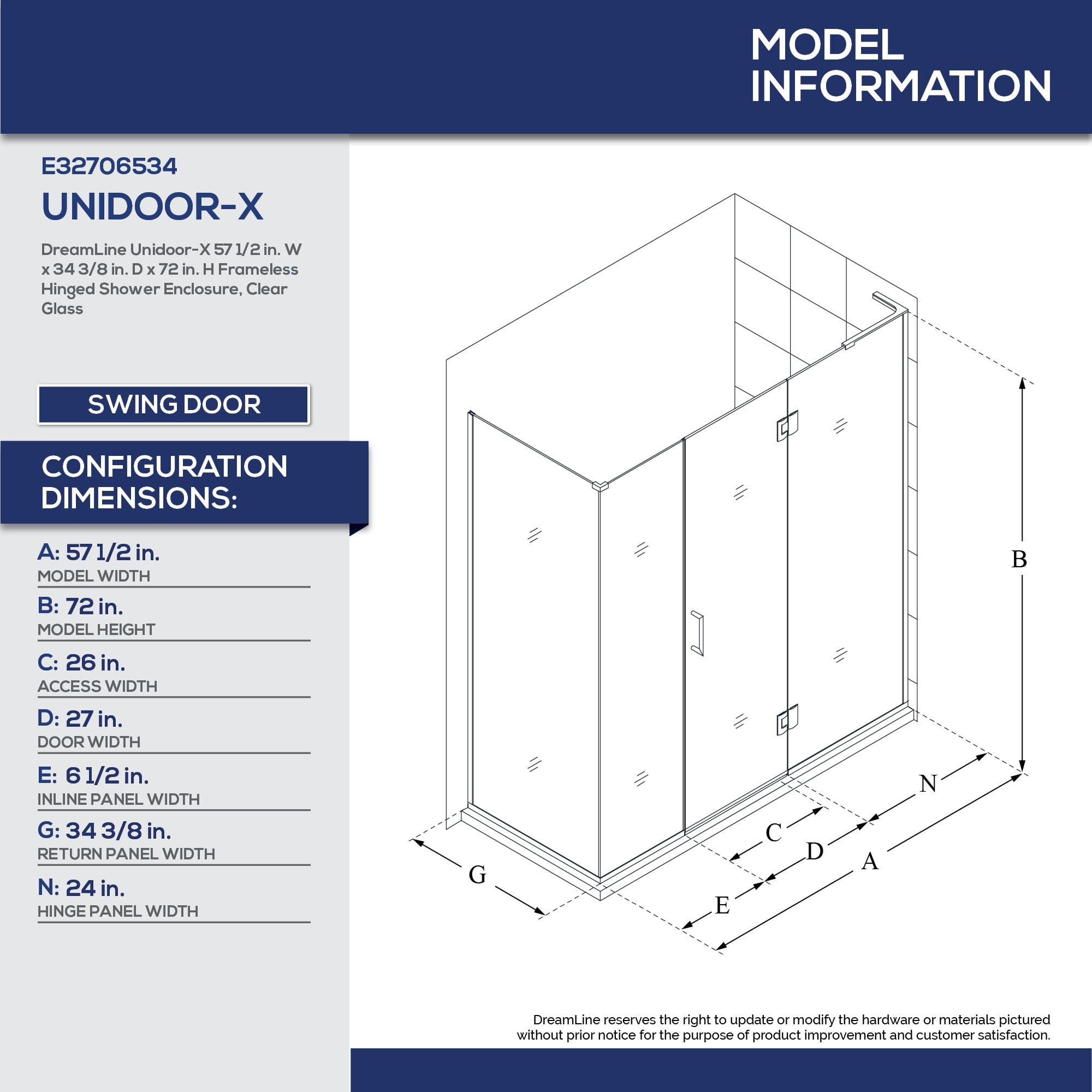 Unidoor-X 57.5" W x 34.38" D x 72" H Frameless Rectangle Shower Enclosure