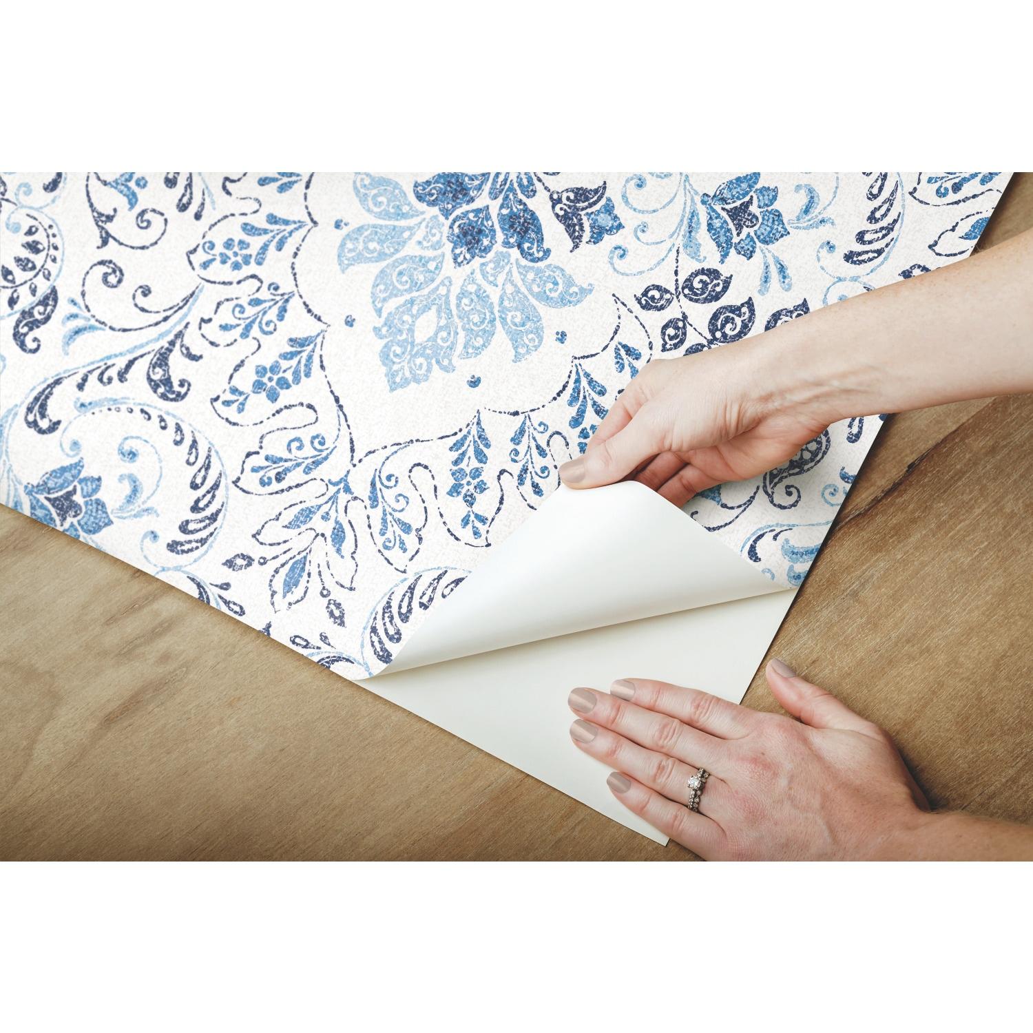 Blue and White Vinyl Damask Peel and Stick Wallpaper