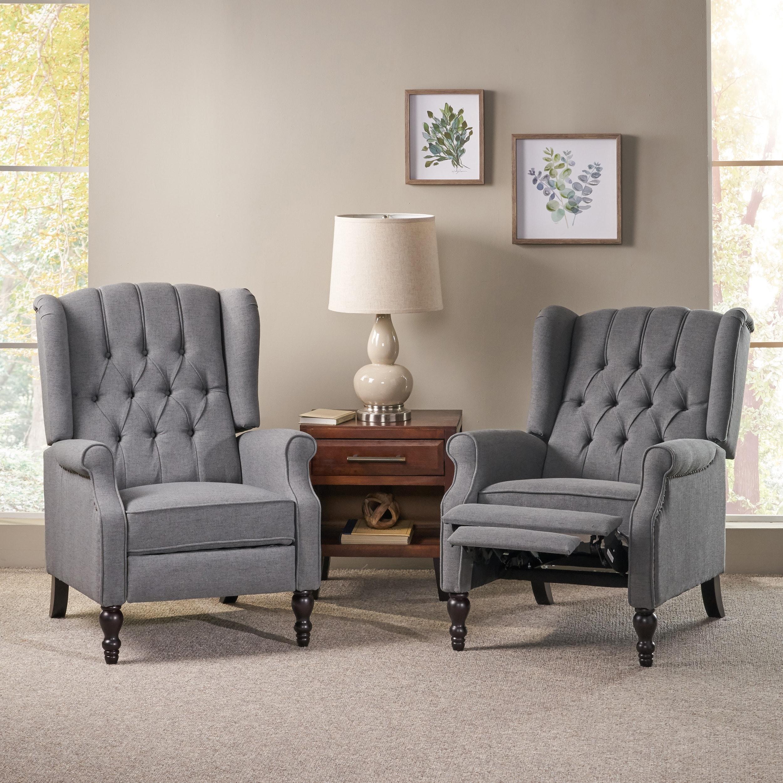 GDF Studio Elizabeth Contemporary Tufted Wingback Pushback Recliner, Set of 2, Charcoal Fabric and Dark Brown