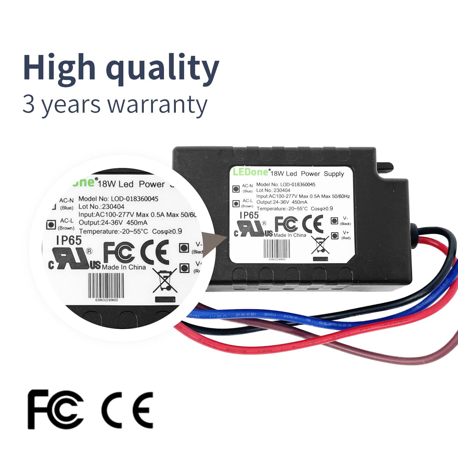 LEDONE LED Driver 450mA (Constant Current Output), 18W Waterproof IP65 LED Power Supply Lighting Transformer 100V-270V AC to 24-36V DC Low Voltage Output for Outdoor or Indoor LED Lights