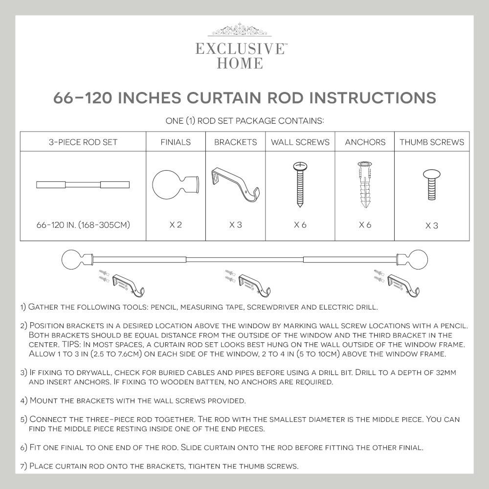 Exclusive Home 66"-120" Duke Curtain Rod - Matte Black: Iron, Single Rod, 25 lb Capacity, Rounded Cap Finial