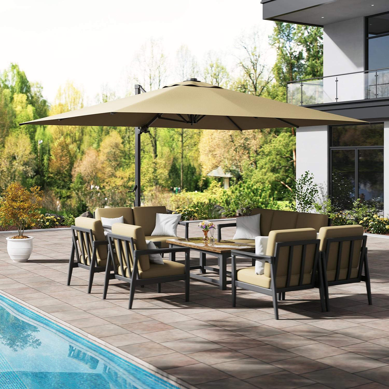 Mondawe 10x13 FT Cantilever Umbrella Large Offset Umbrella with 360°Rotation and LED Light Panel Cantilever Patio Umbrella for Backyard, Pool & Garden, Tan