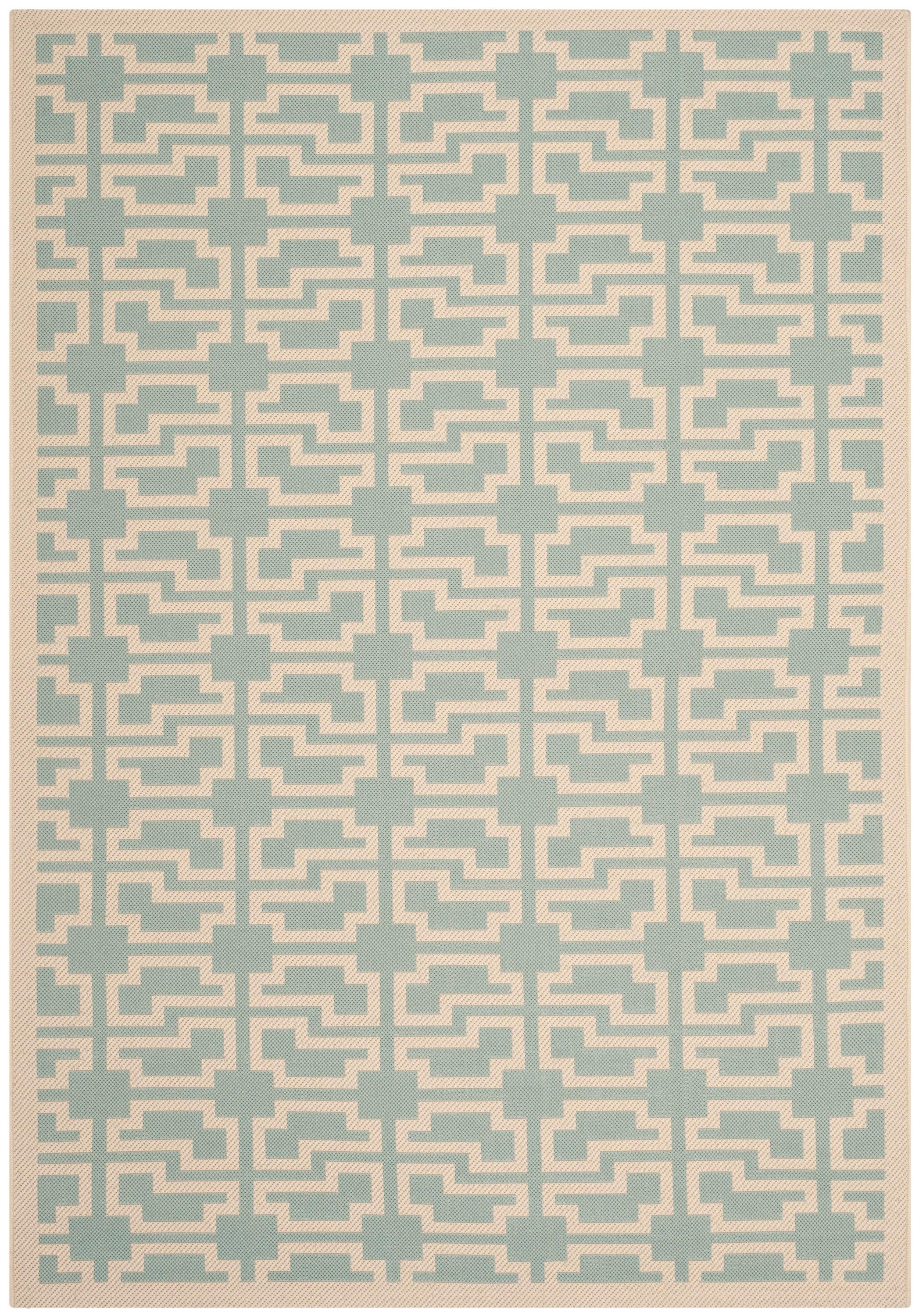 Aqua and Beige Rectangular Synthetic Indoor/Outdoor Rug