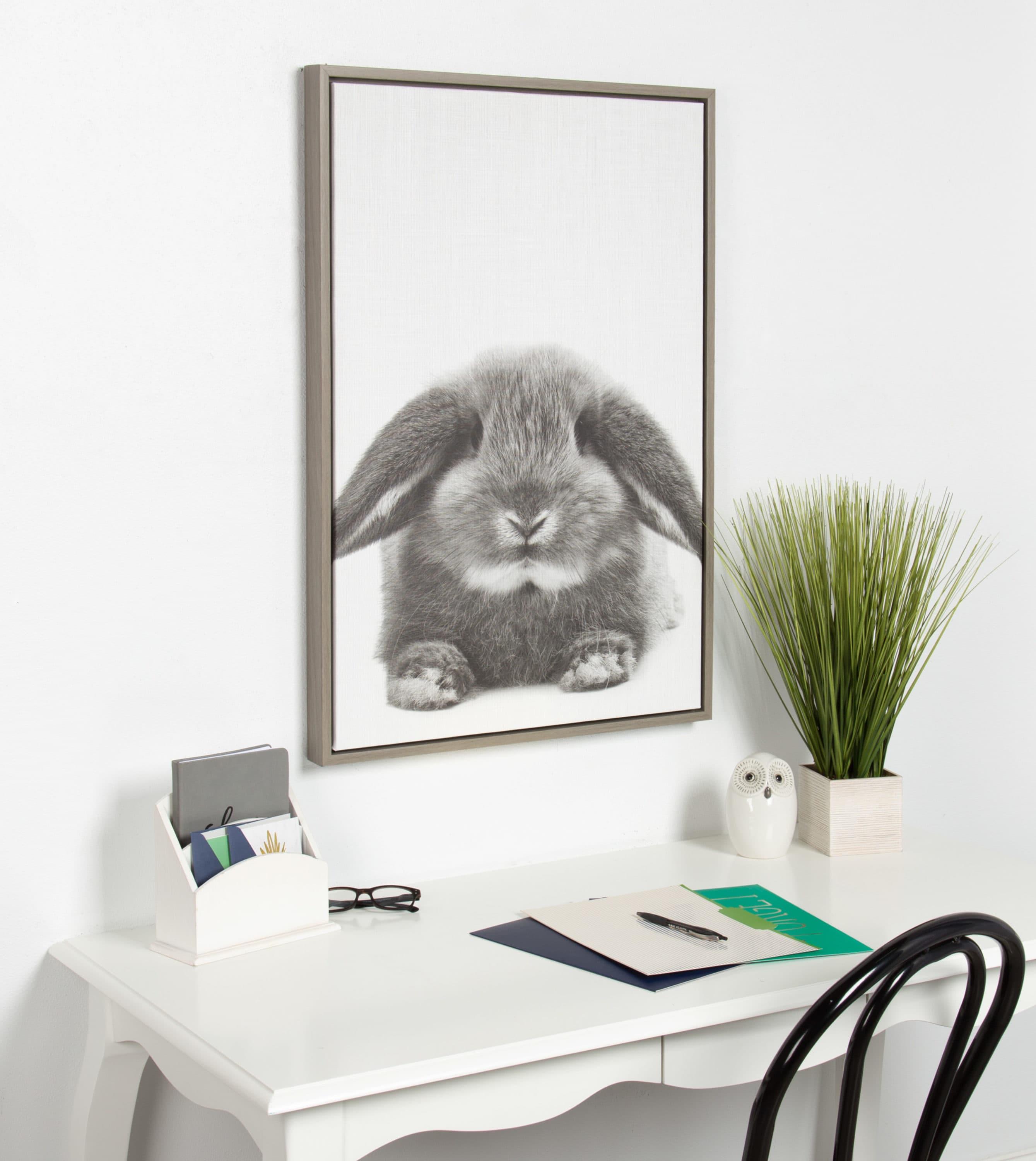 Kate and Laurel Sylvie Rabbit Animal Print Black and White Portrait Framed Canvas Wall Art by Simon Te Tai, 23x33 Gray