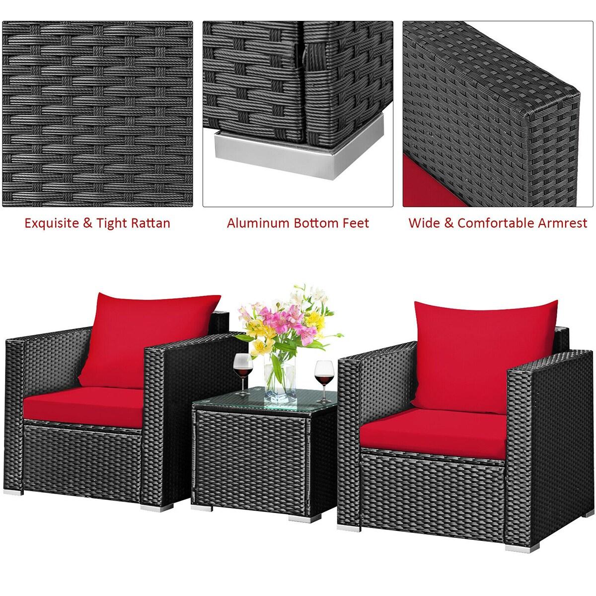 Costway 3PCS Patio Rattan Wicker Furniture Set Sofa Table W/Cushion Yard Red