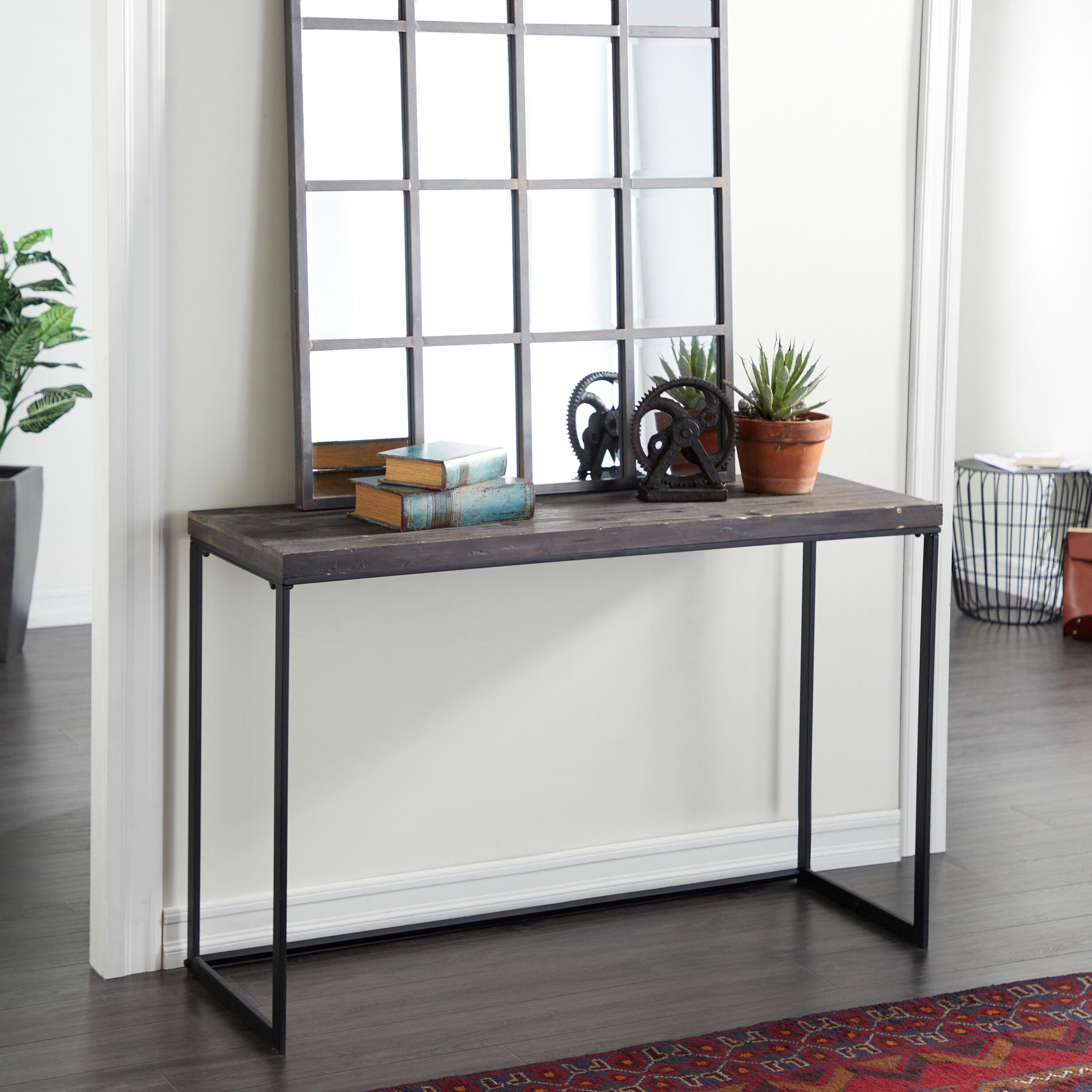 Union Rustic Corneau Wood Minimalistic Dark Brown Console Table with Black Metal Legs