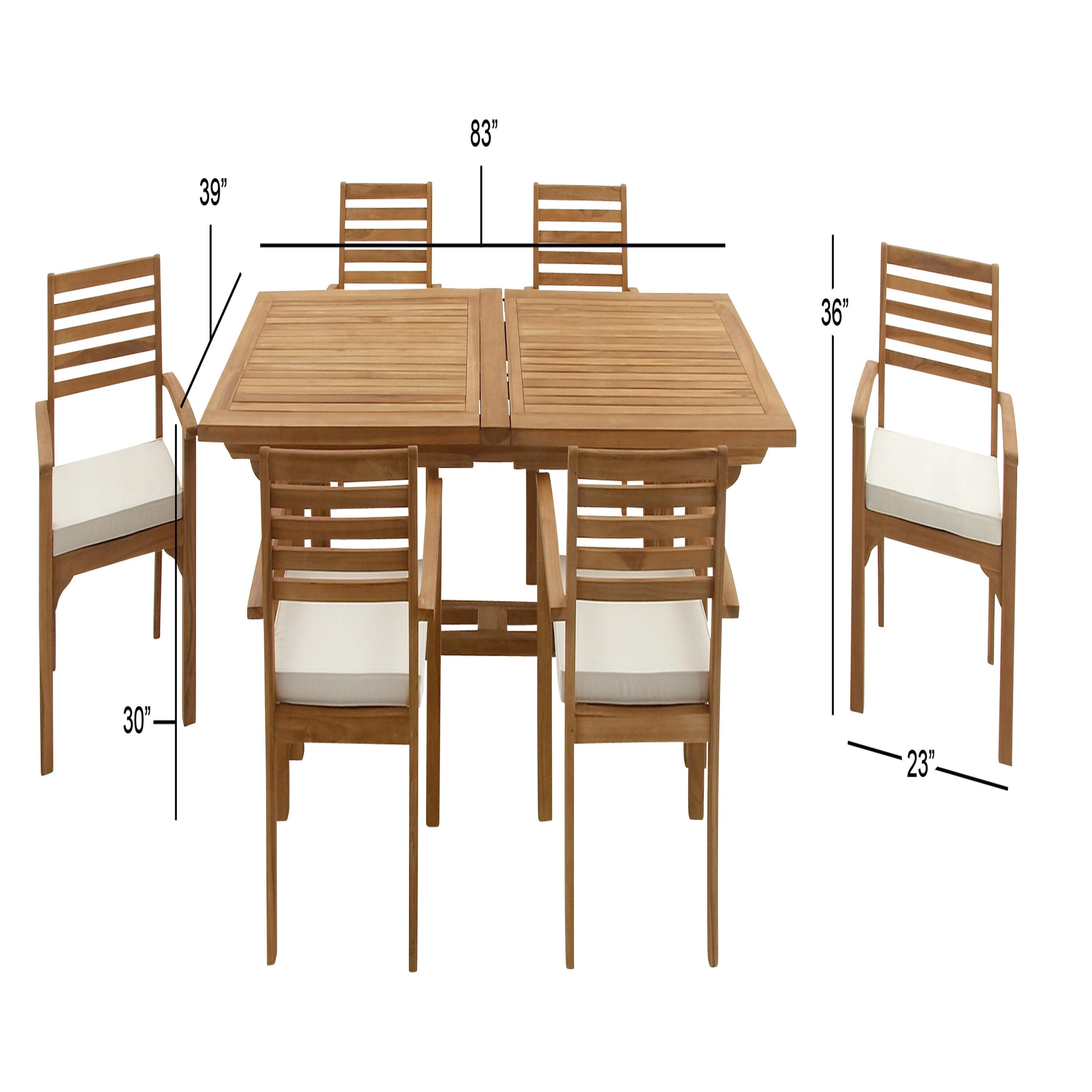 DecMode 83" x 31" Brown Teak Wood Outdoor Dining Set with White Cushions and Extendable Table Leaf, 7-Pieces