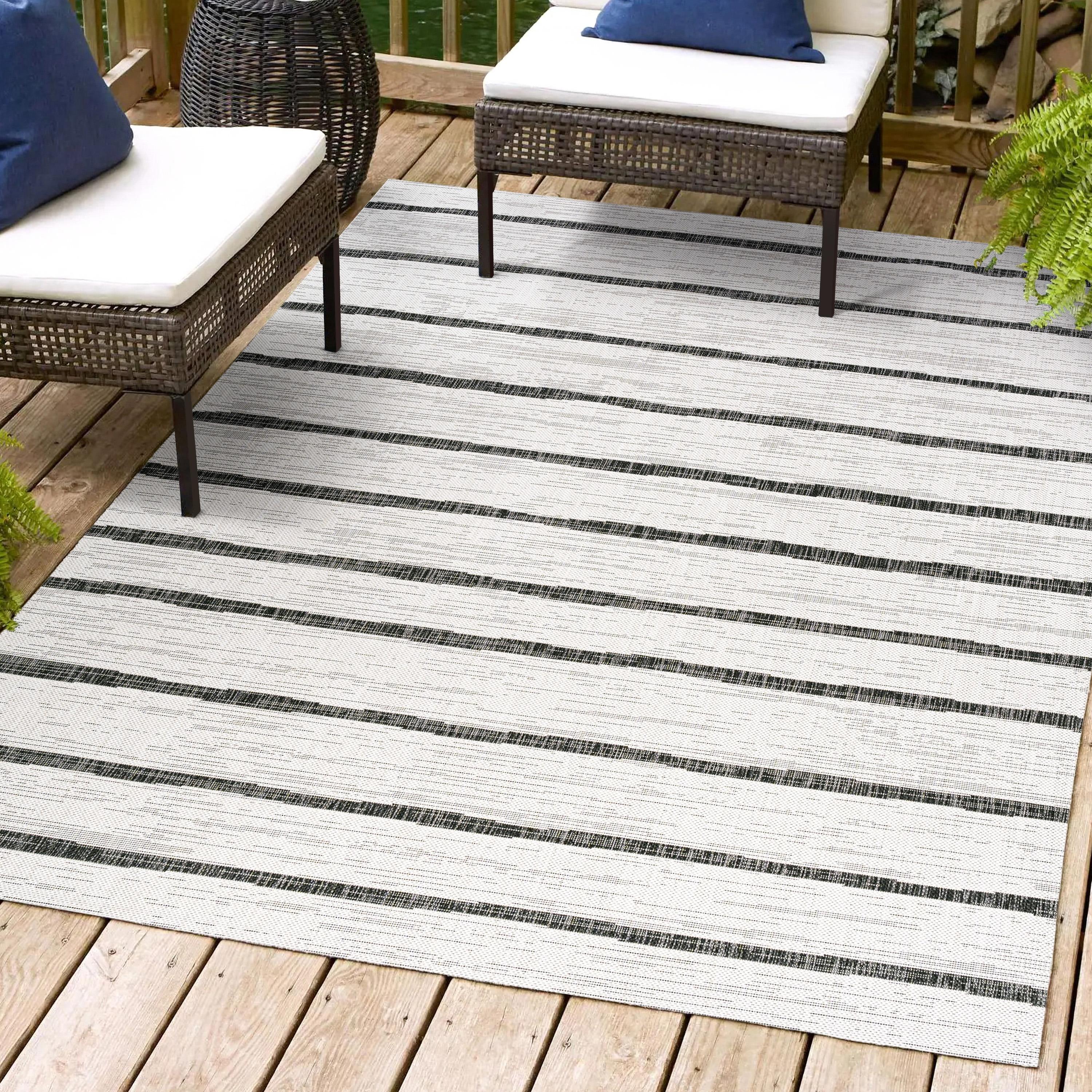 3'x5' Colonia Berber Stripe Indoor/Outdoor Area Rug, Ivory/Black - JONATHAN Y