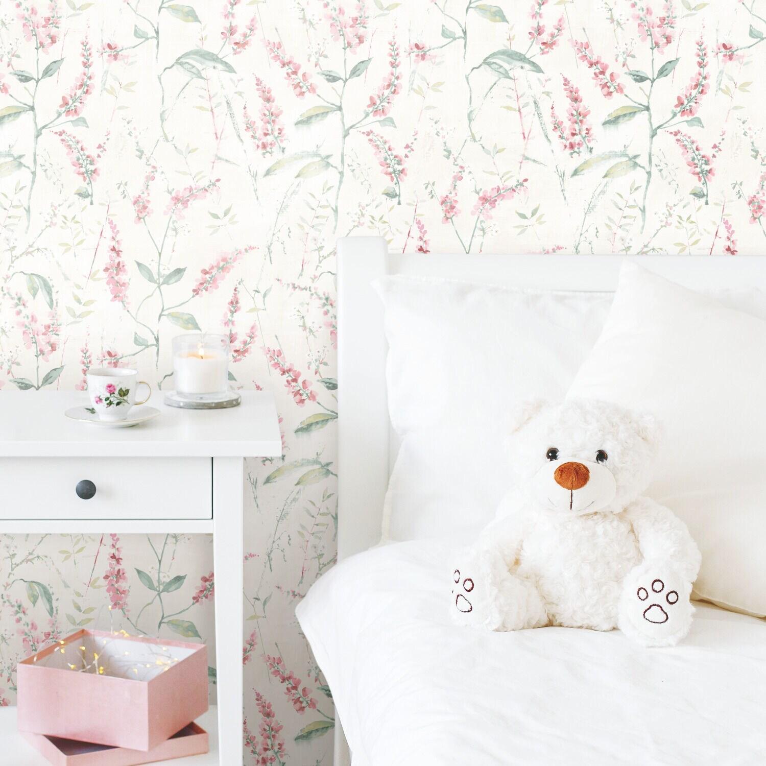 RoomMates Floral Sprig Peel and Stick Wallpaper Pink: Removable Vinyl Botanical Self-Adhesive, 28.2 Sq Ft Coverage