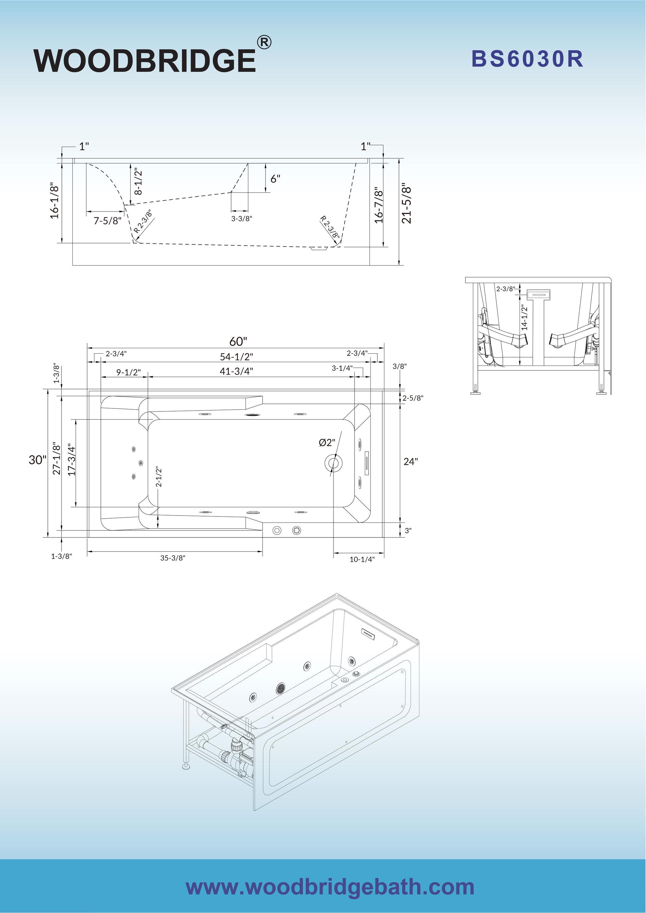 60" x 30" Whirlpool Heated Rectangular Alcove Acrylic Bathtub with Chrome/Matte Black Drain and Overflow