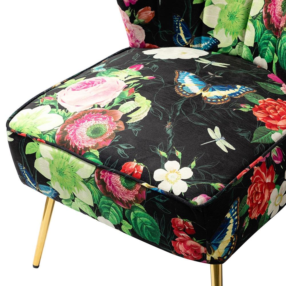 Floral Accent Chair Upholstered Wingback Sofa Tufted Back Golden Legs Flower Butterfly  Dining Home Living Room Bedroom Black