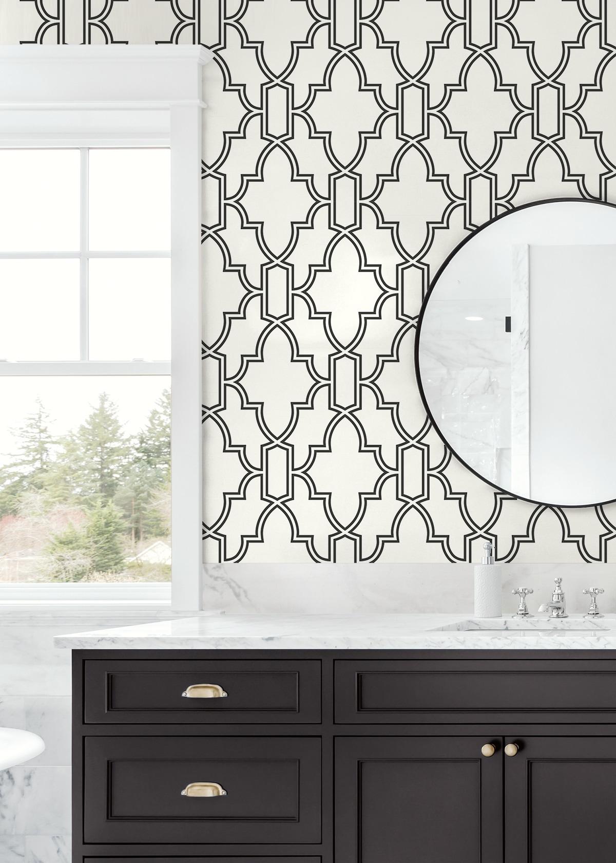 NextWall  Black and White Tile Trellis Peel and Stick Wallpaper - 20.5 in. W x 18 ft. L