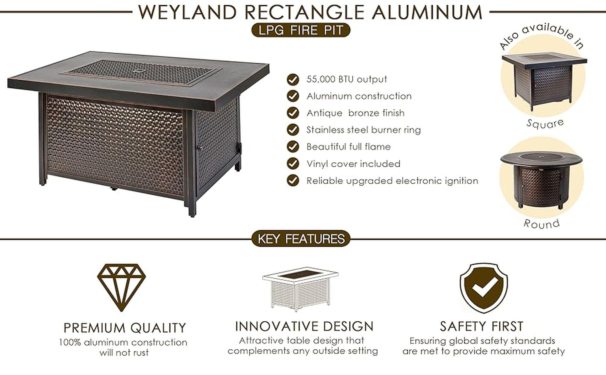 Fire Sense 48” Weyland Hammered Aluminum Gas Fire Pit 55,000 BTU Multi-Functional - Protective Cover and Clear Fire Glass - Rectangle - Bronze Finish