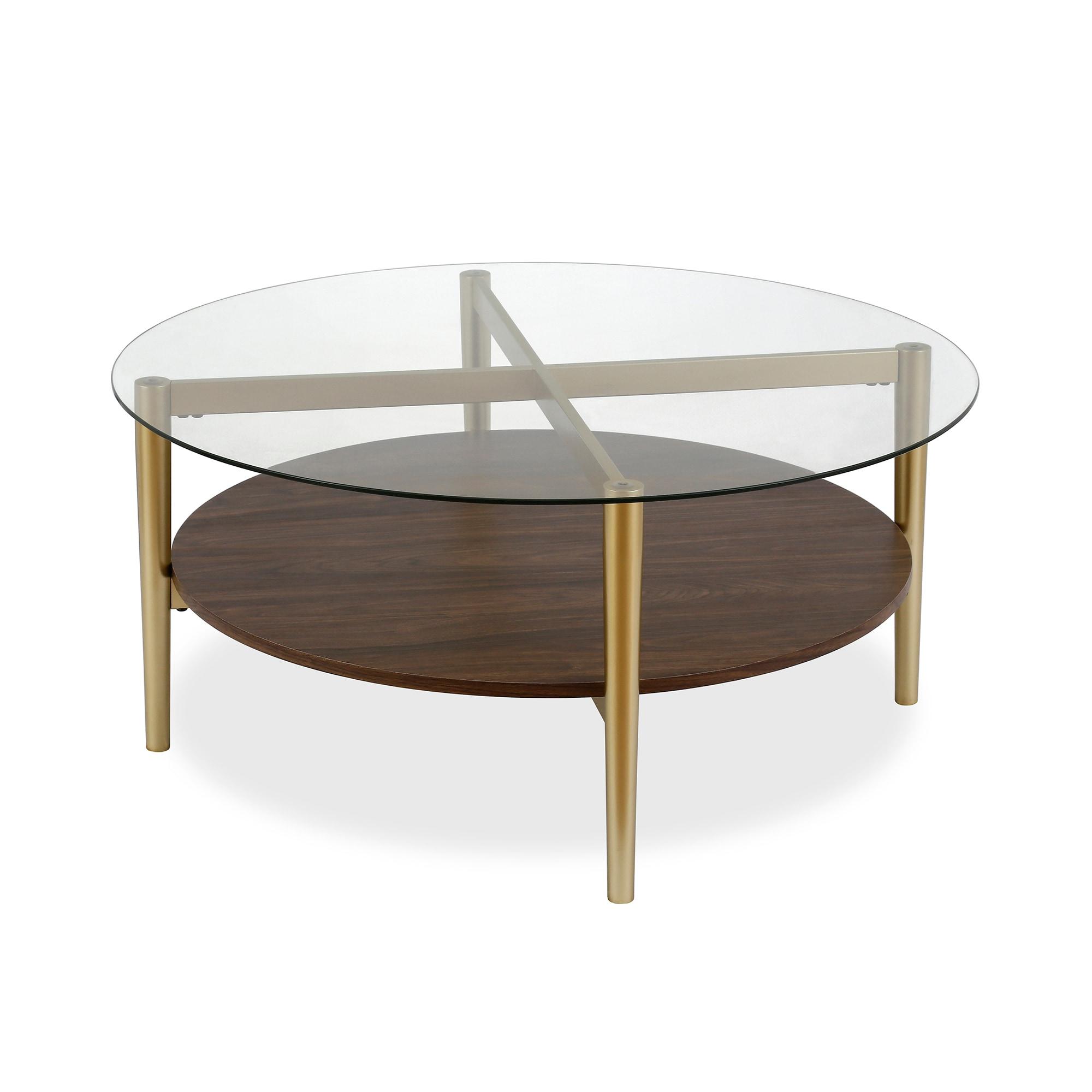 Evelyn&Zoe Otto 36" Wide Round Coffee Table with MDF Shelf, Gold/Walnut